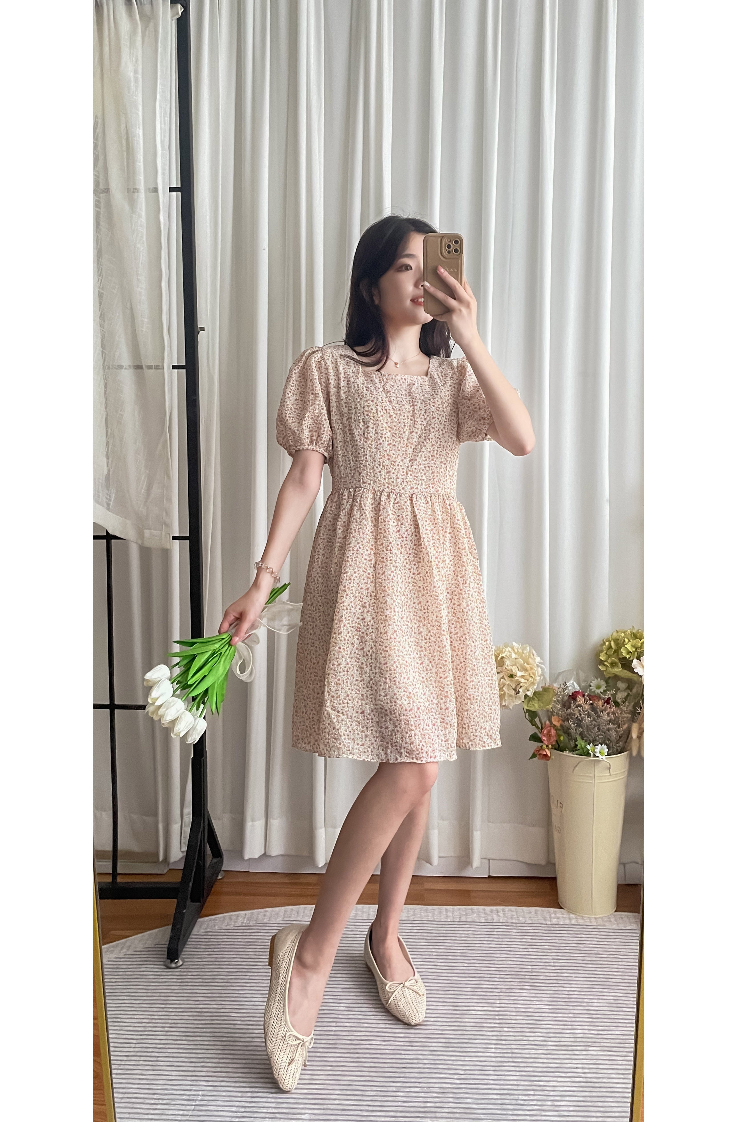Bubble Floral 方領口泡泡䄂春日小花皺皺連身裙,Dress/ DS9264 (pink sold out)