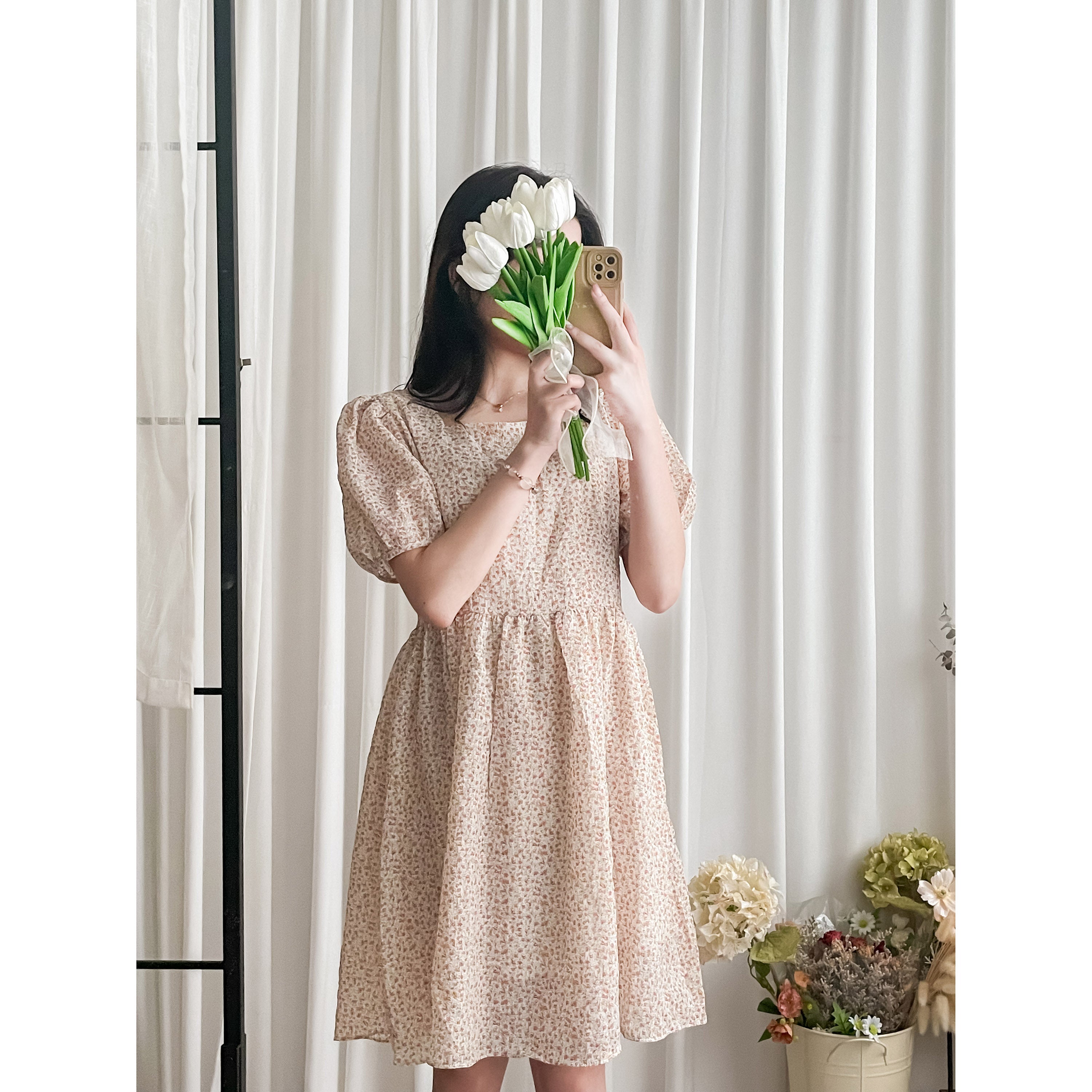 Bubble Floral 方領口泡泡䄂春日小花皺皺連身裙,Dress/ DS9264 (pink sold out)