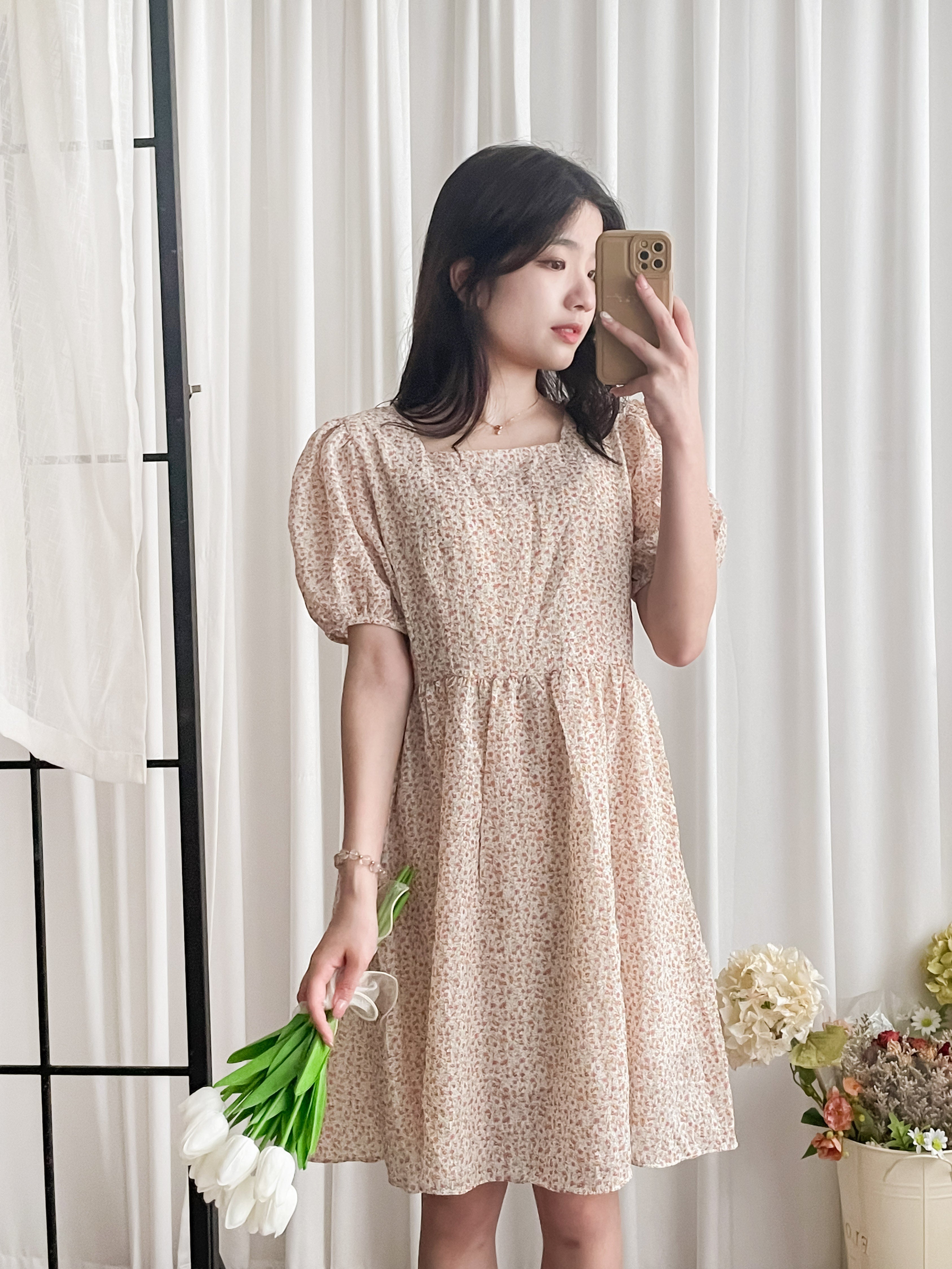 Bubble Floral 方領口泡泡䄂春日小花皺皺連身裙,Dress/ DS9264 (pink sold out)