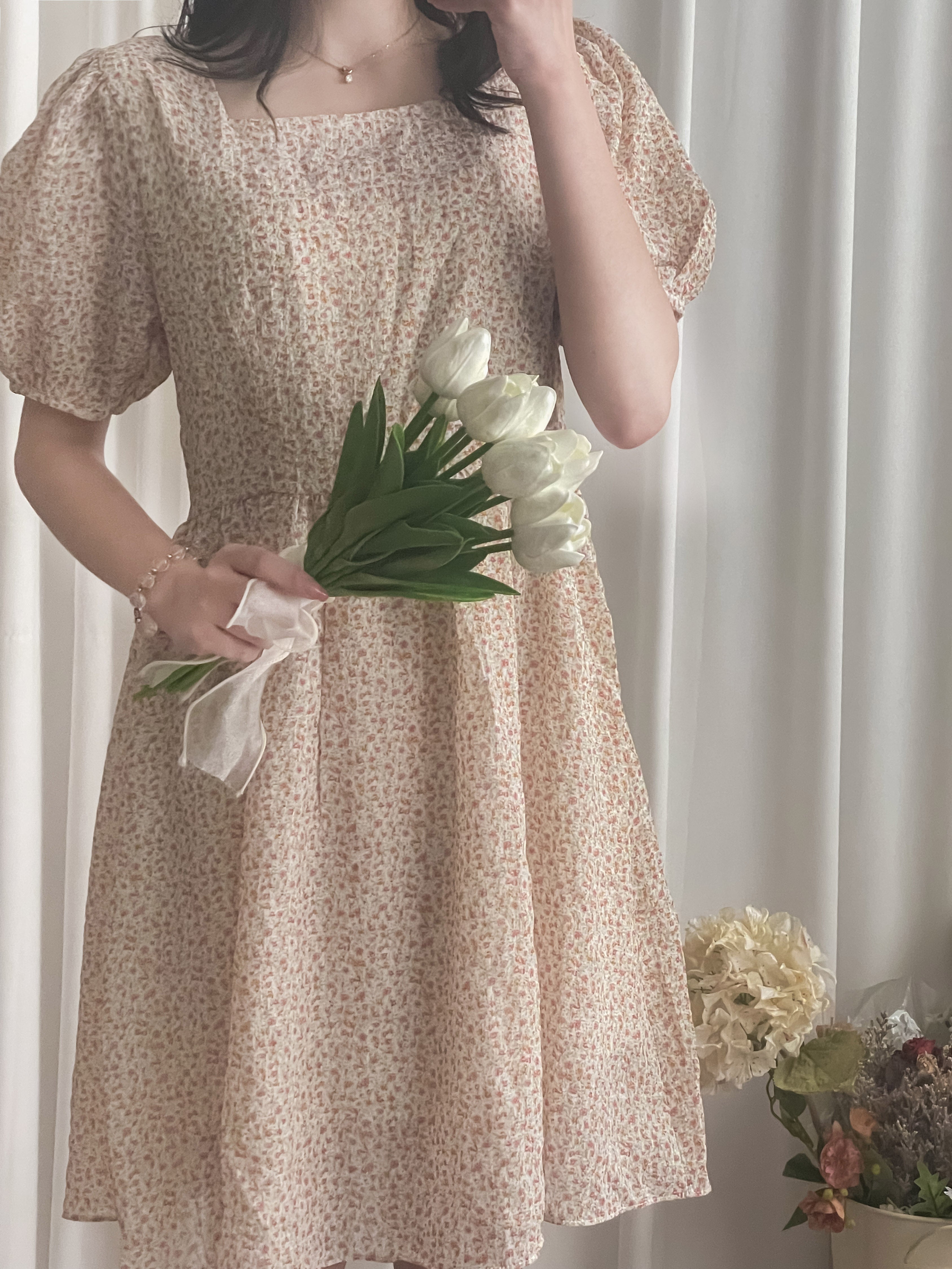 Bubble Floral 方領口泡泡䄂春日小花皺皺連身裙,Dress/ DS9264 (pink sold out)