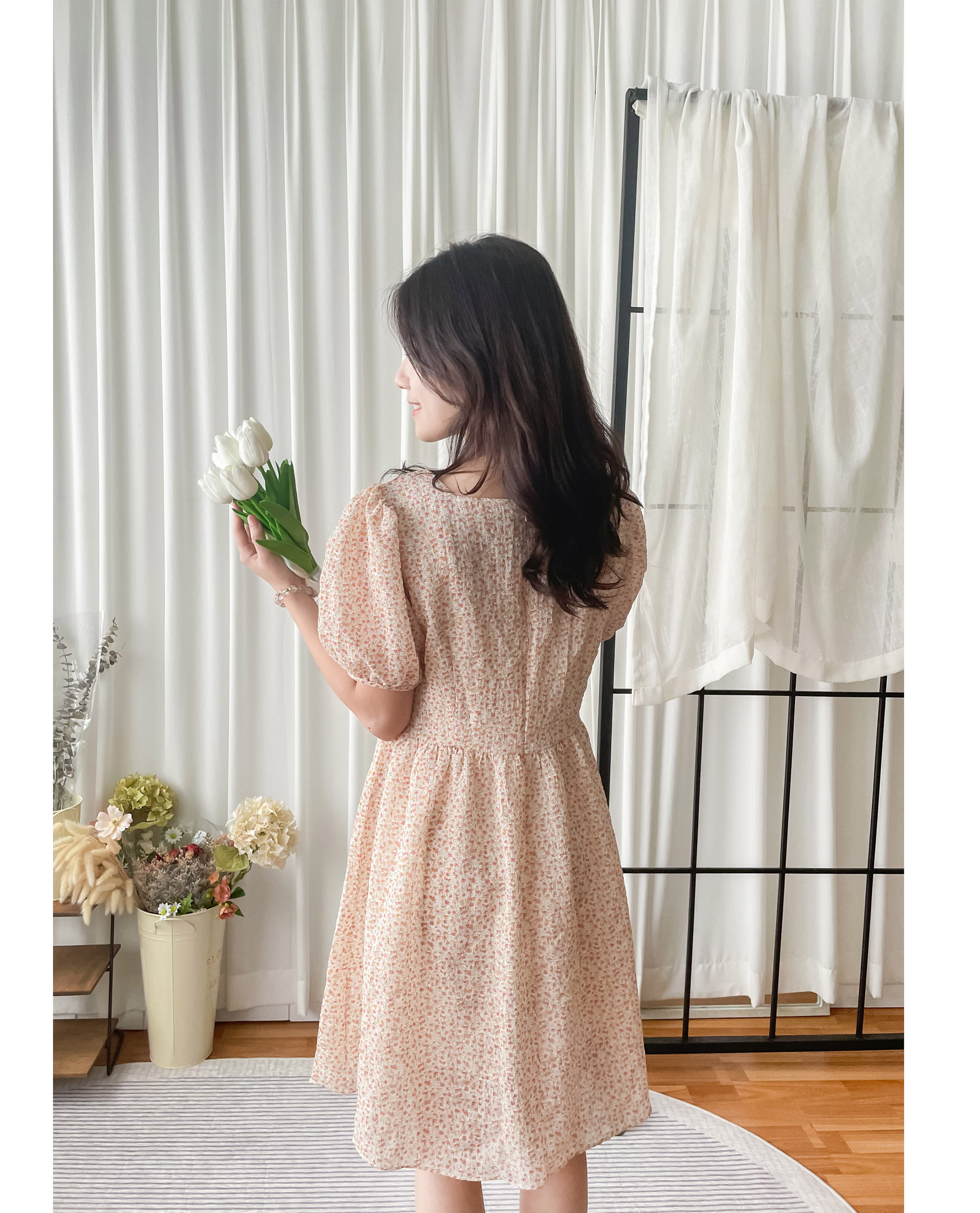 Bubble Floral 方領口泡泡䄂春日小花皺皺連身裙,Dress/ DS9264 (pink sold out)