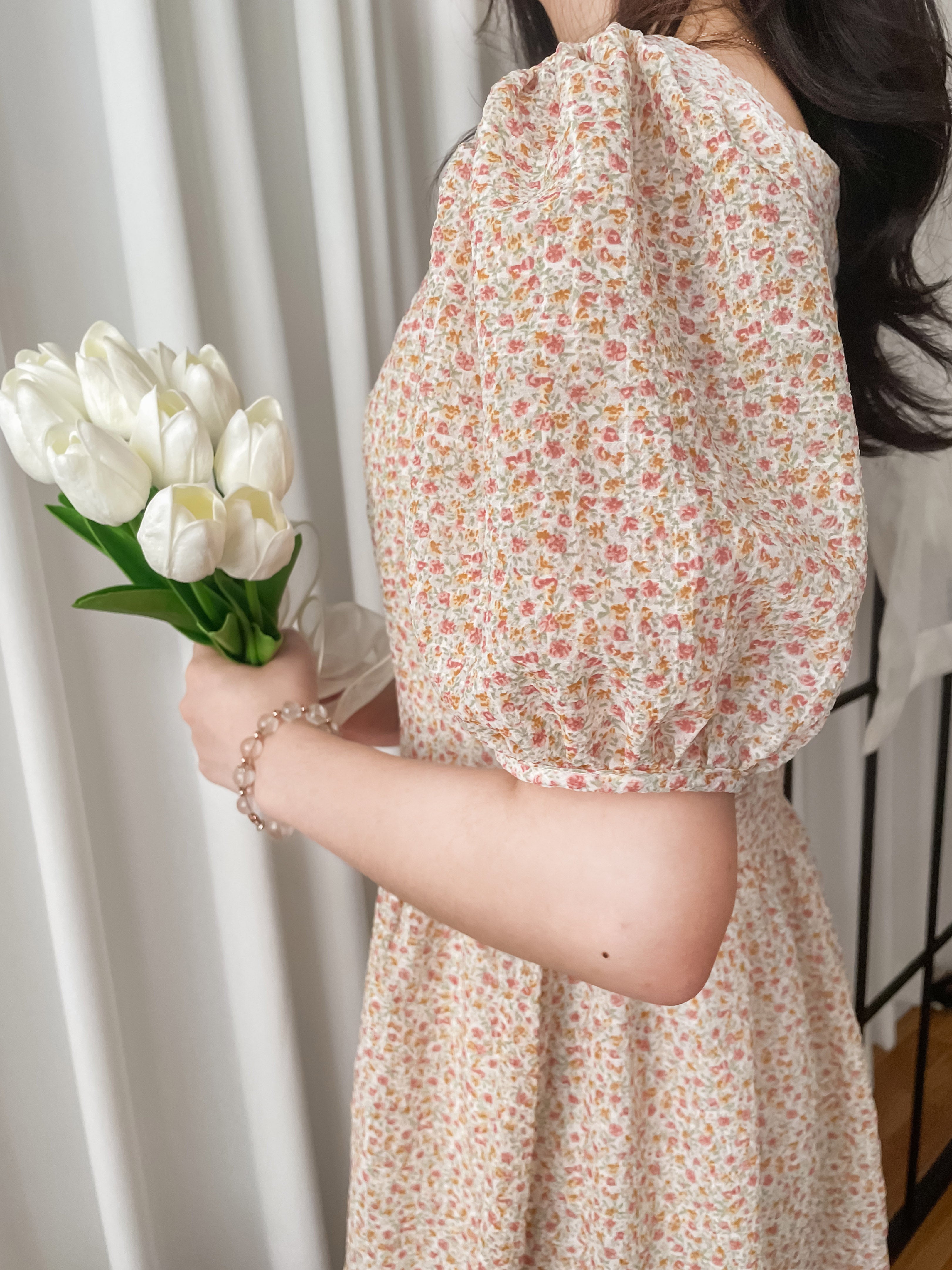 Bubble Floral 方領口泡泡䄂春日小花皺皺連身裙,Dress/ DS9264 (pink sold out)