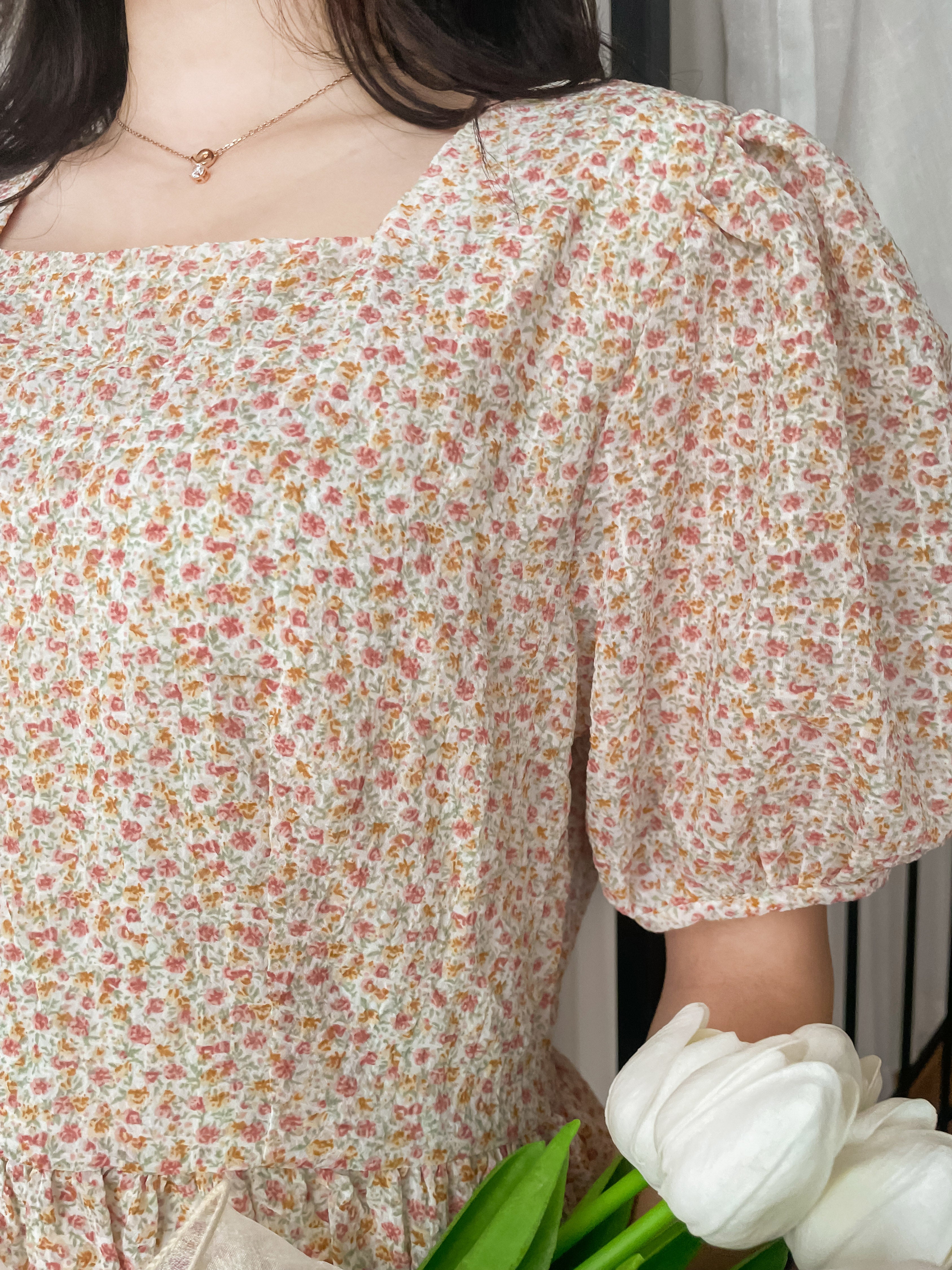 Bubble Floral 方領口泡泡䄂春日小花皺皺連身裙,Dress/ DS9264 (pink sold out)