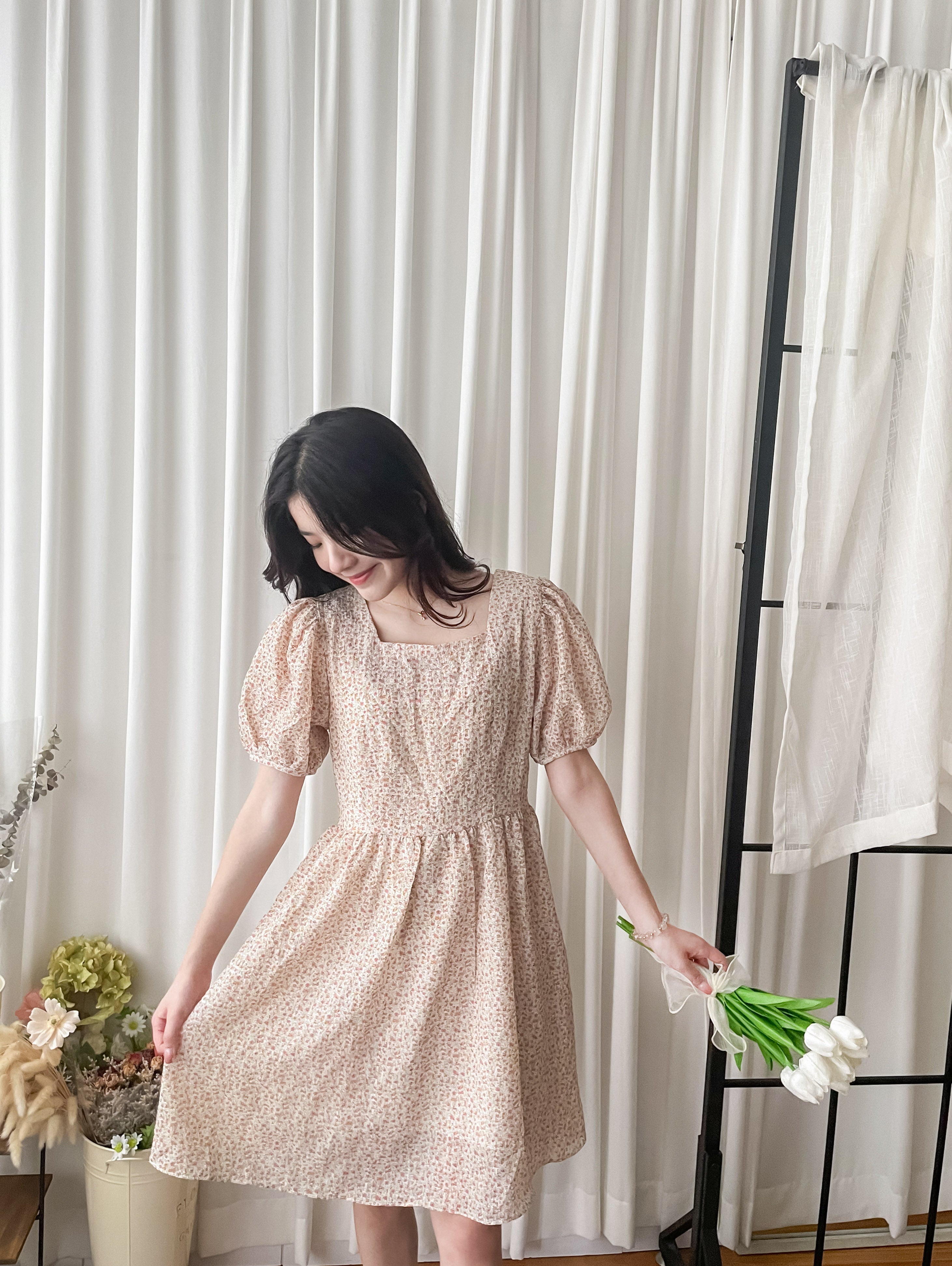 Bubble Floral 方領口泡泡䄂春日小花皺皺連身裙,Dress/ DS9264 (pink sold out)