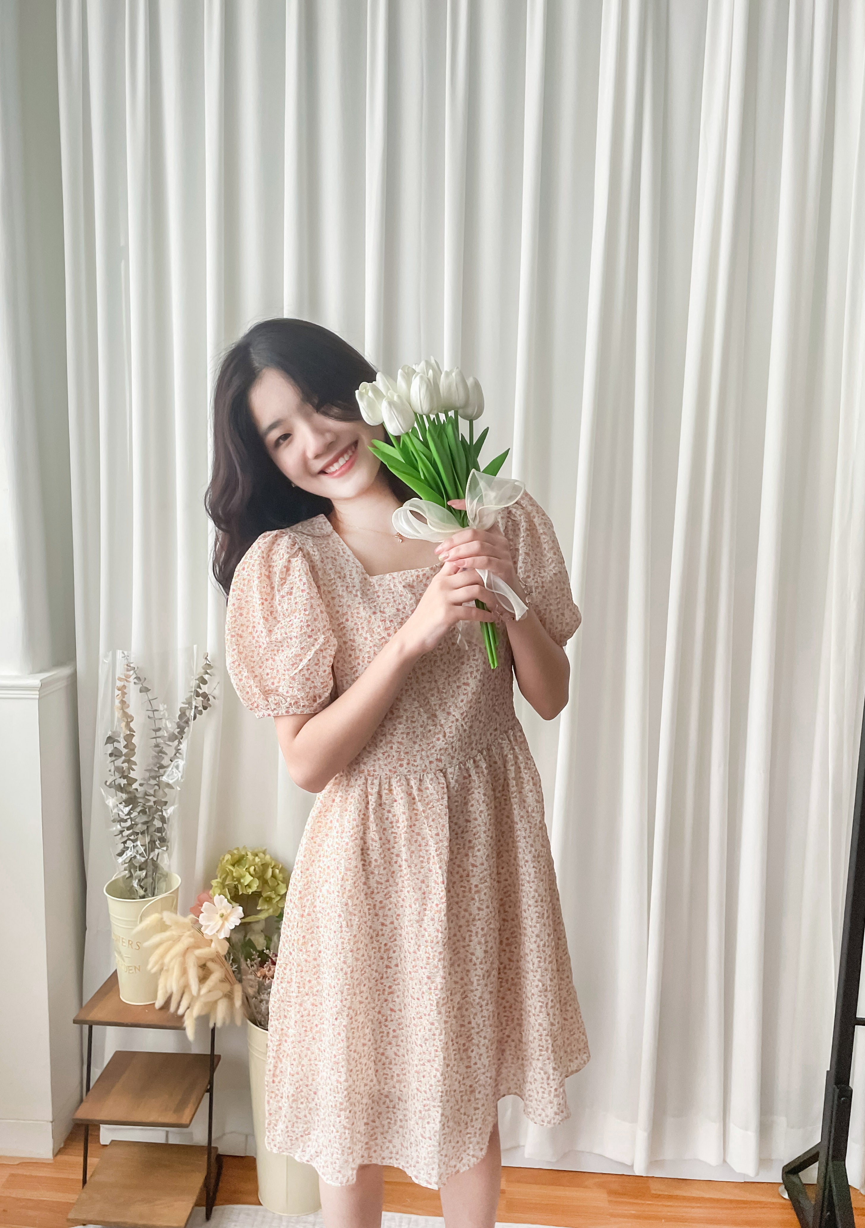 Bubble Floral 方領口泡泡䄂春日小花皺皺連身裙,Dress/ DS9264 (pink sold out)