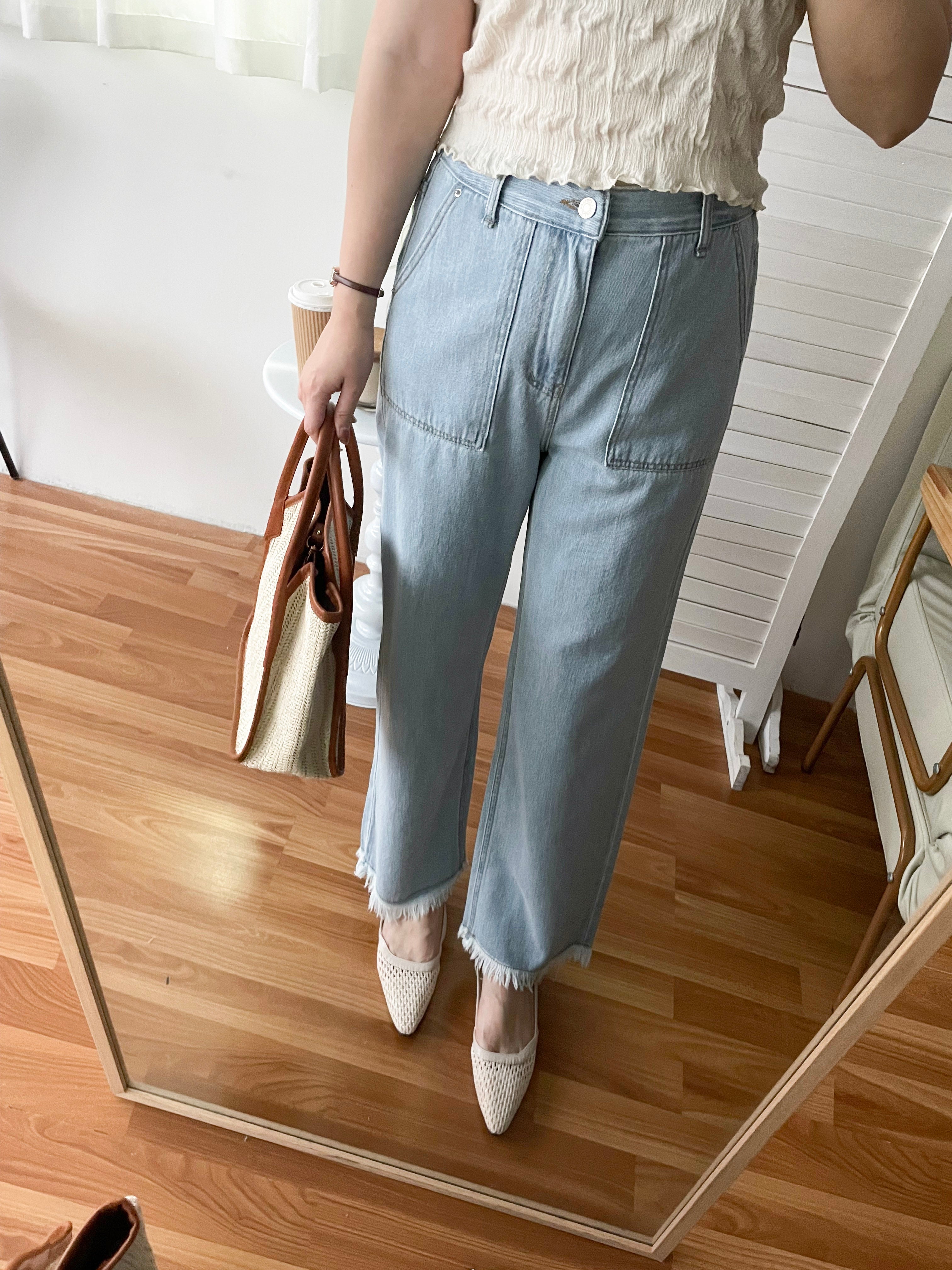 Tassel 輕身淺藍大口袋流蘇牛仔褲, Jeans/ PT8392