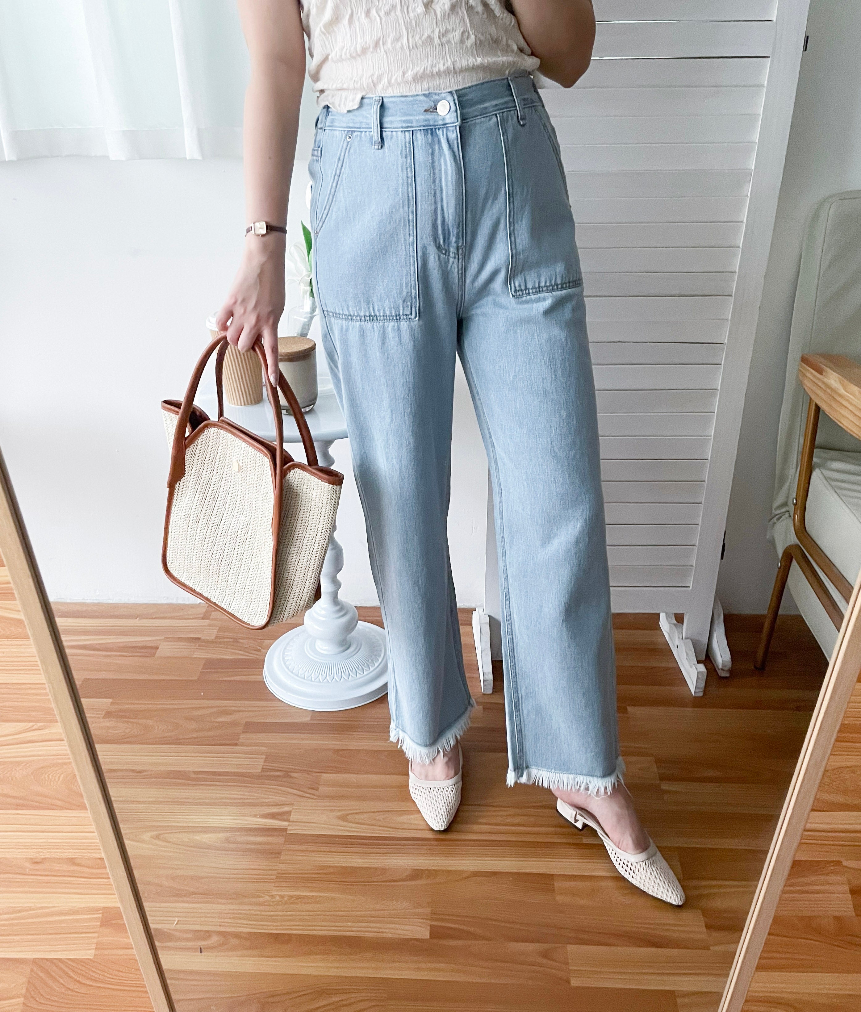 Tassel 輕身淺藍大口袋流蘇牛仔褲, Jeans/ PT8392