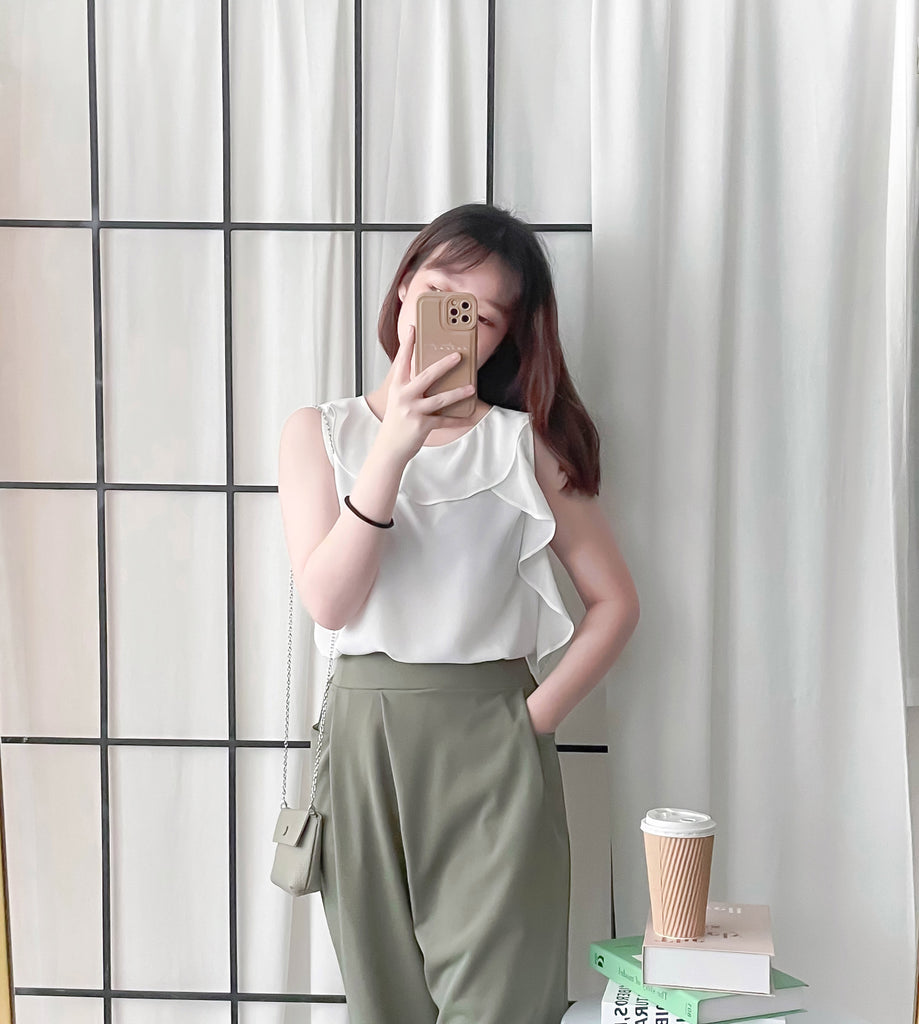 Side Ruffle 素色氣質雪紡垂感荷葉無袖, Blouse/ BU8954 (white sold out)