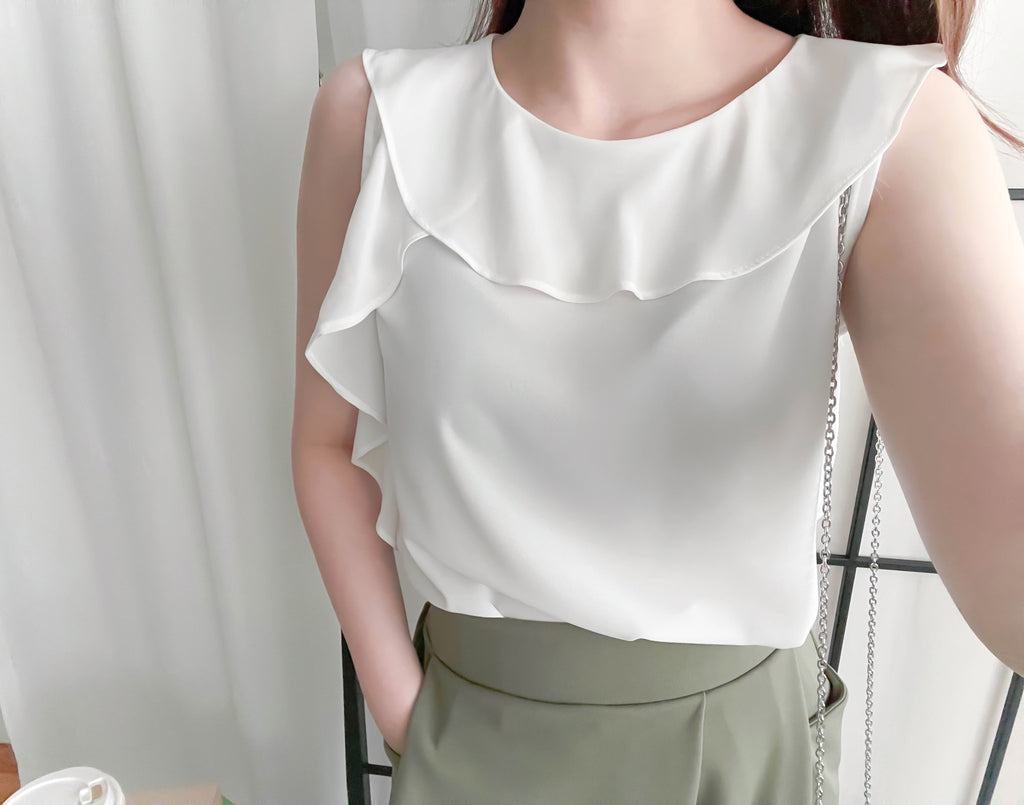 Side Ruffle 素色氣質雪紡垂感荷葉無袖, Blouse/ BU8954 (white sold out)