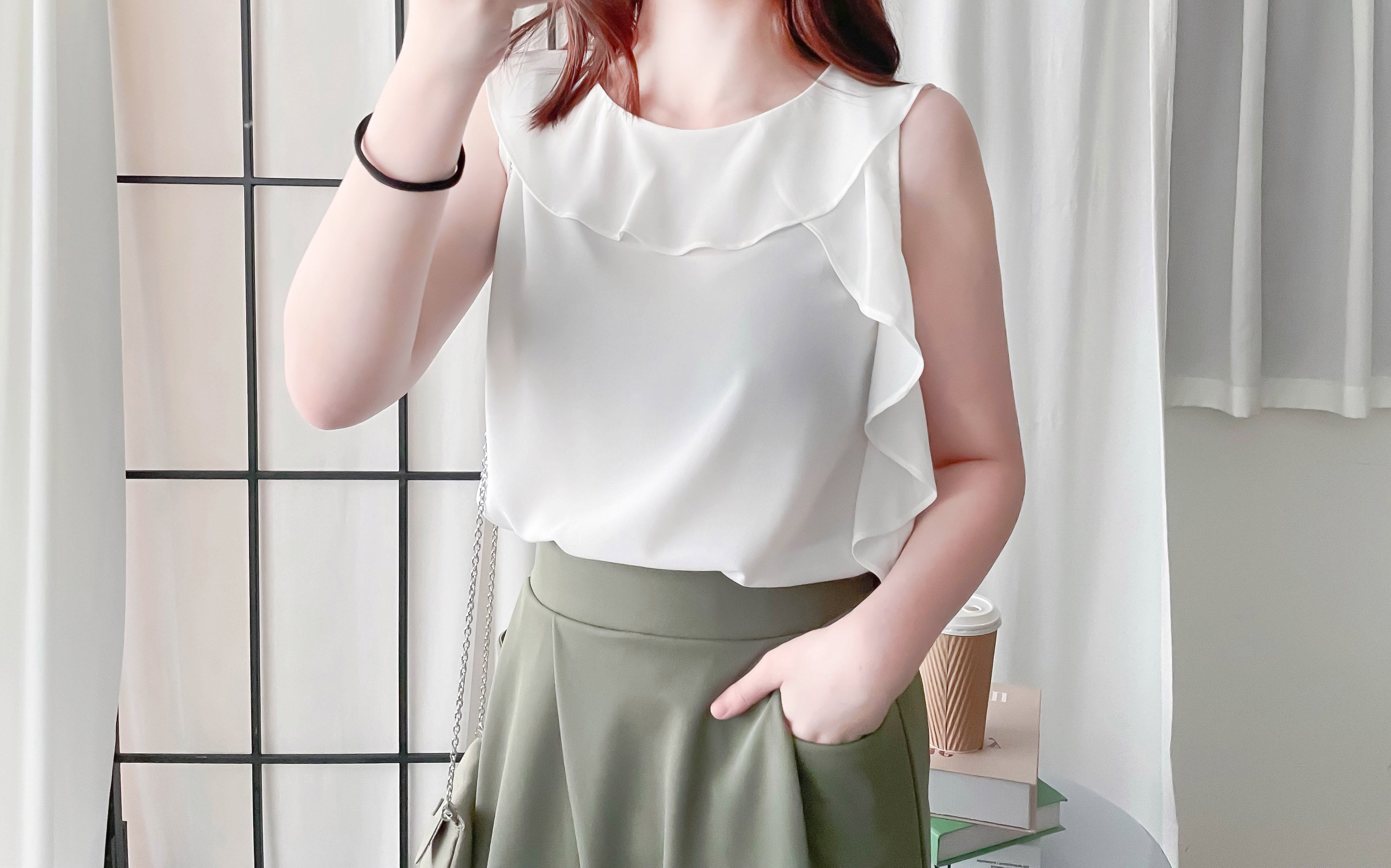 Side Ruffle 素色氣質雪紡垂感荷葉無袖, Blouse/ BU8954 (white sold out)