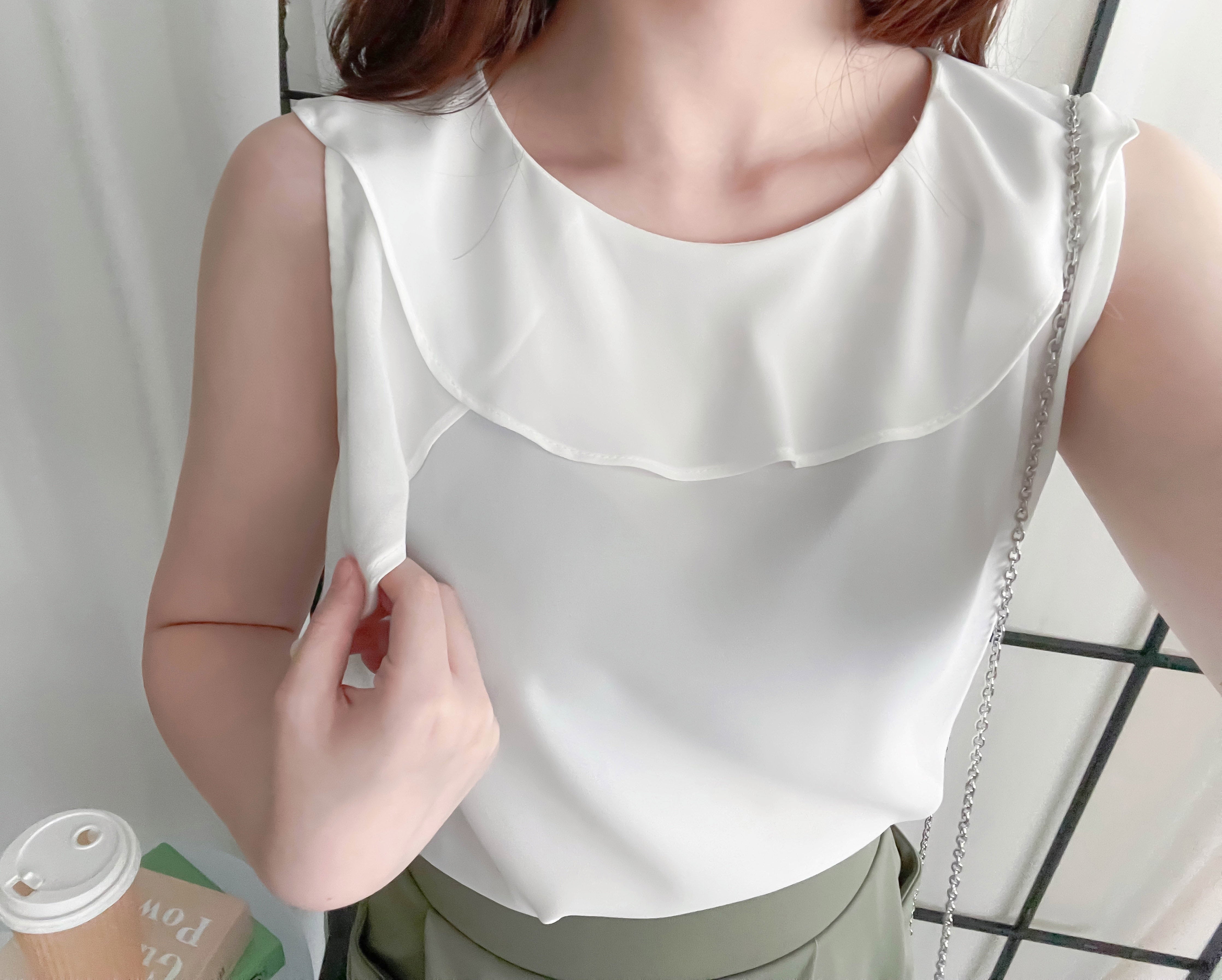 Side Ruffle 素色氣質雪紡垂感荷葉無袖, Blouse/ BU8954 (white sold out)