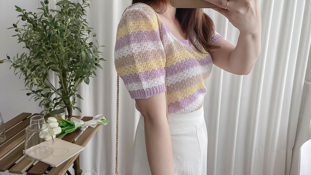 Wavy Flower 大圓領彩色花邊織紋彈性上衣, Top / TP8861 (light blue sold out)