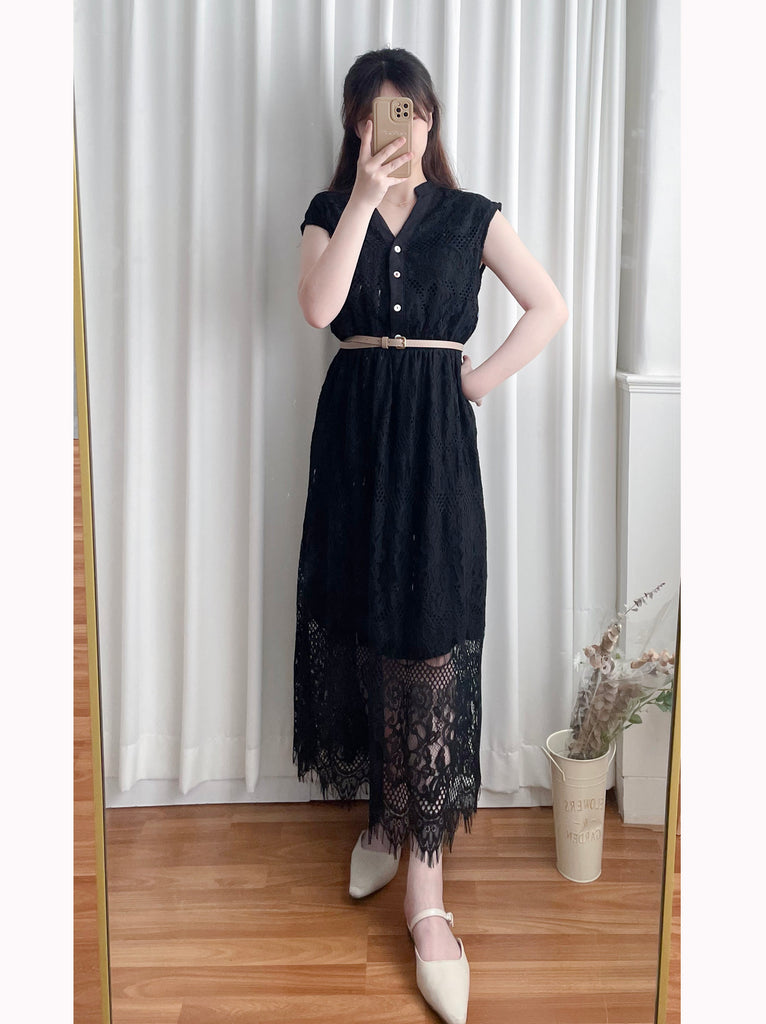 Lace 優雅V領鈕扣花花透視流蘇裙尾連身裙(連腰帶), Dress/ DS9224