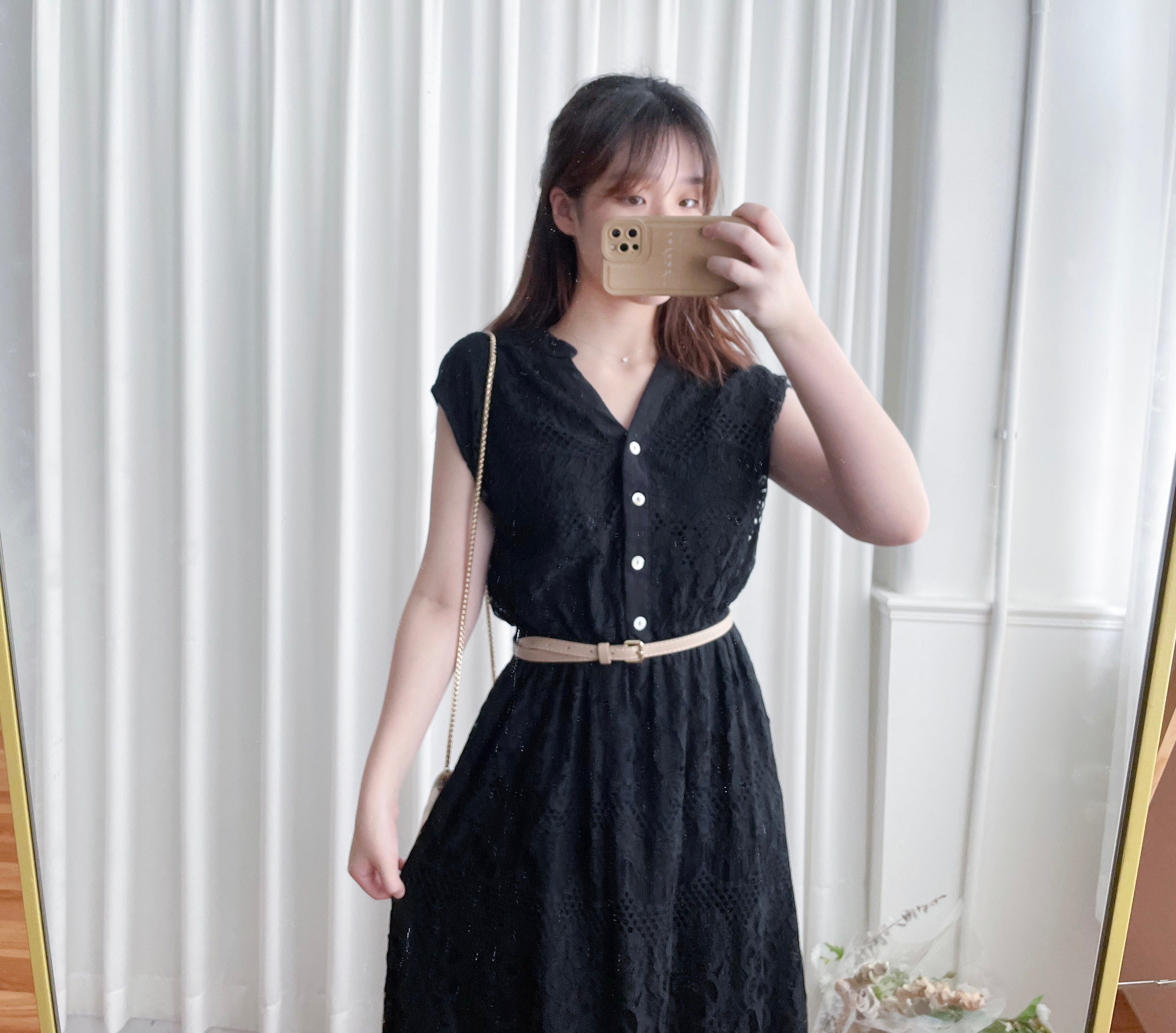 Lace 優雅V領鈕扣花花透視流蘇裙尾連身裙(連腰帶), Dress/ DS9224