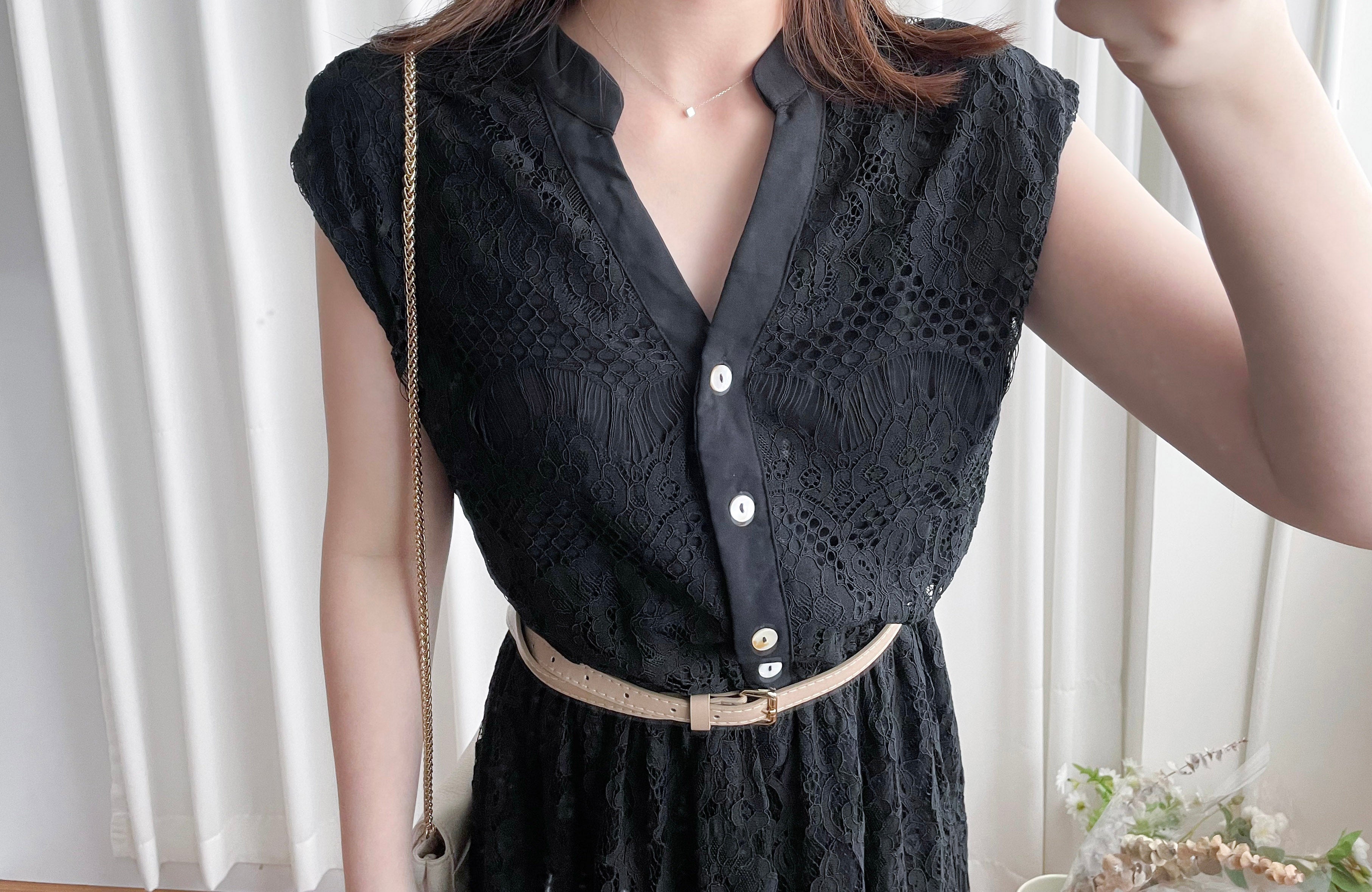 Lace 優雅V領鈕扣花花透視流蘇裙尾連身裙(連腰帶), Dress/ DS9224