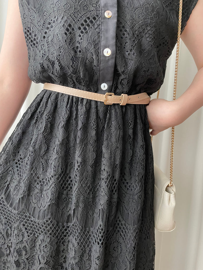 Lace 優雅V領鈕扣花花透視流蘇裙尾連身裙(連腰帶), Dress/ DS9224