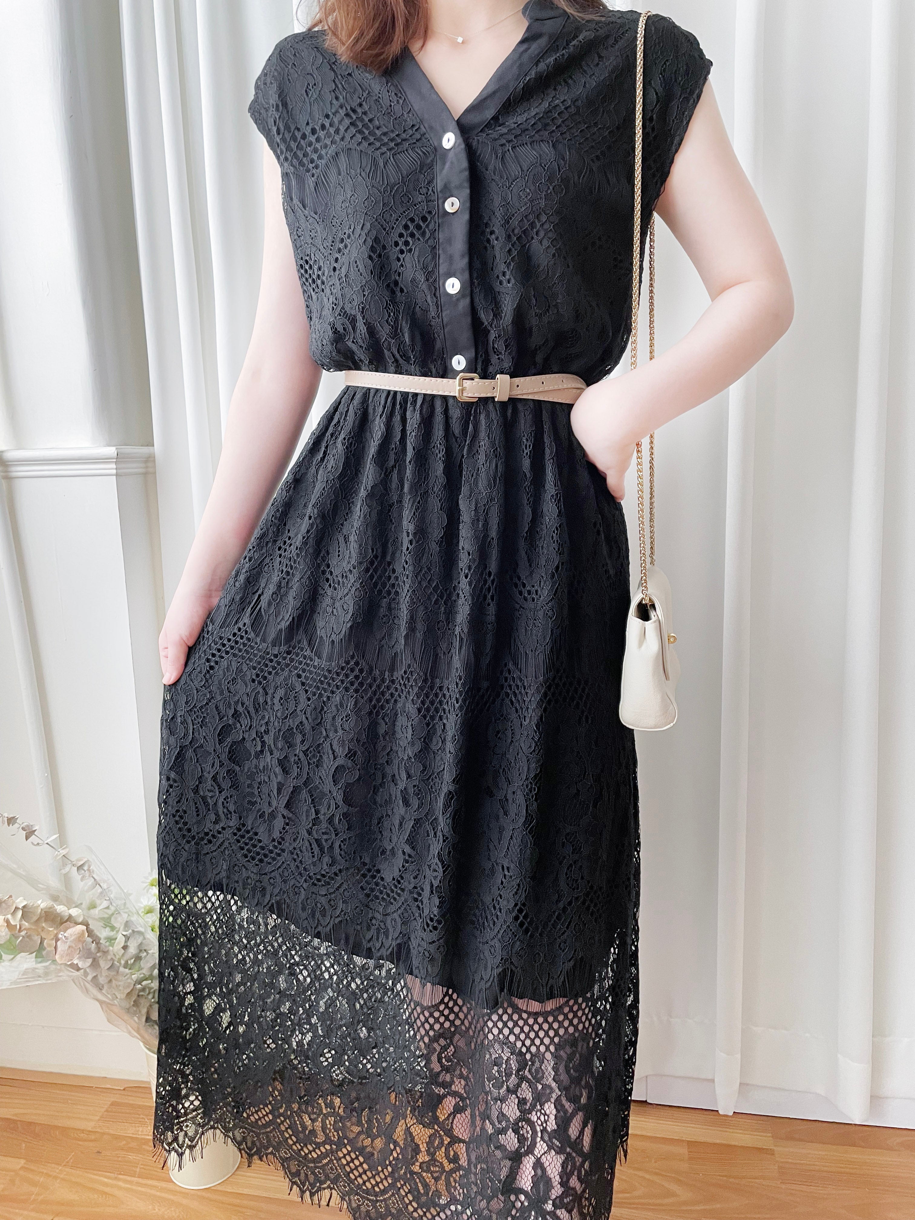 Lace 優雅V領鈕扣花花透視流蘇裙尾連身裙(連腰帶), Dress/ DS9224