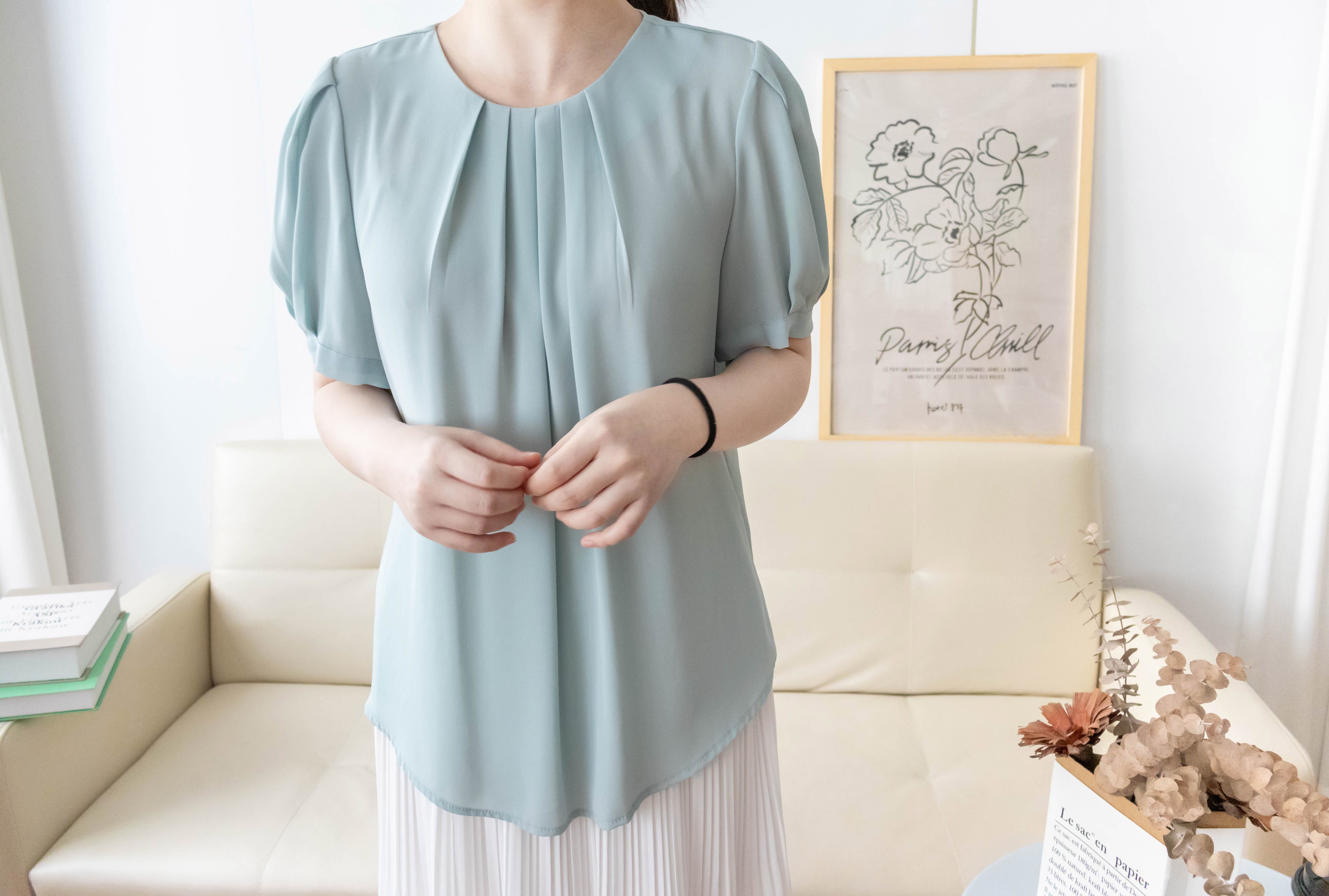 Pearl Collar 後珍珠雪紡領口微摺襯衫, Blouse/ BU8931 (Honeydew sold out)