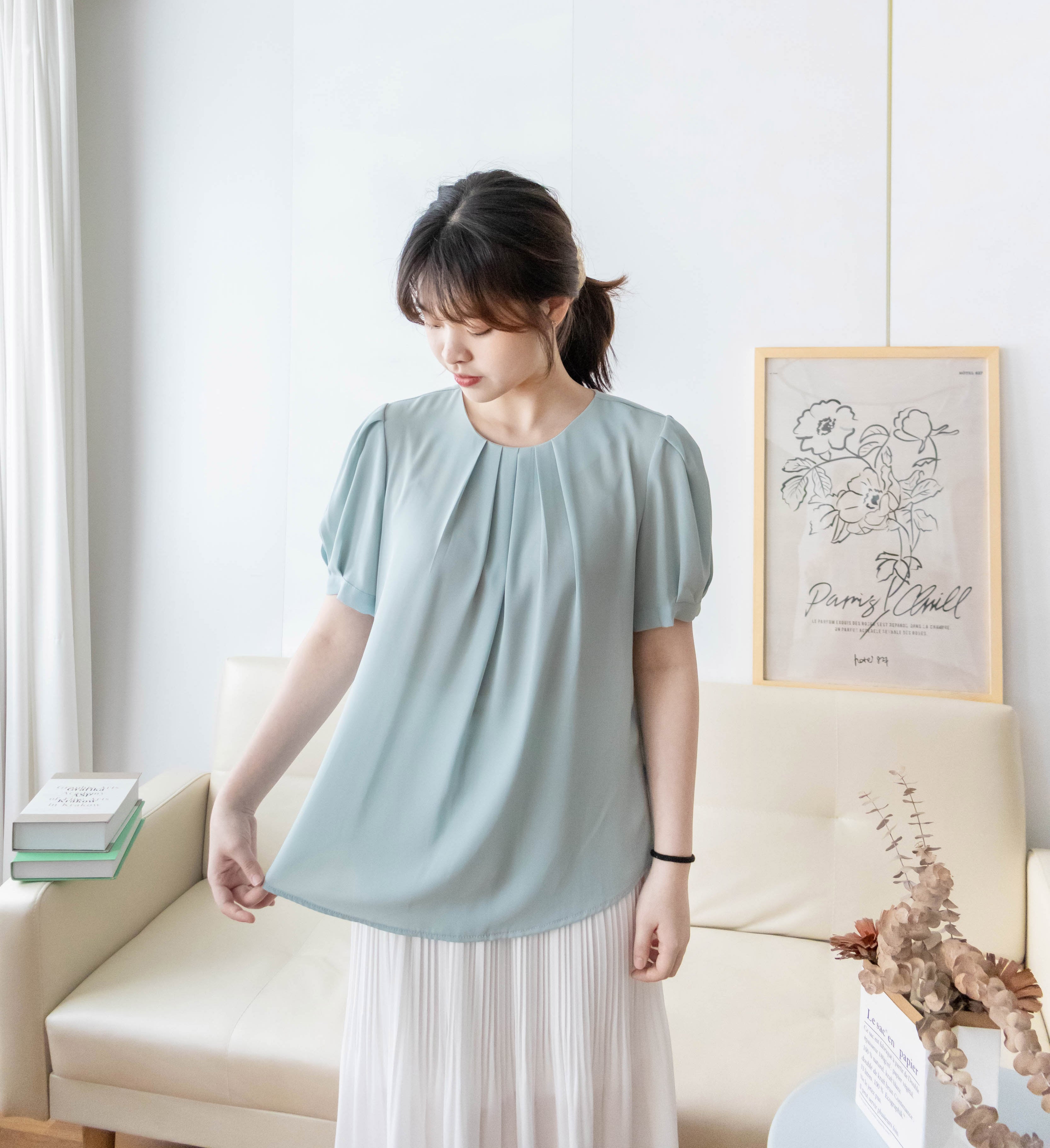 Pearl Collar 後珍珠雪紡領口微摺襯衫, Blouse/ BU8931 (Honeydew sold out)