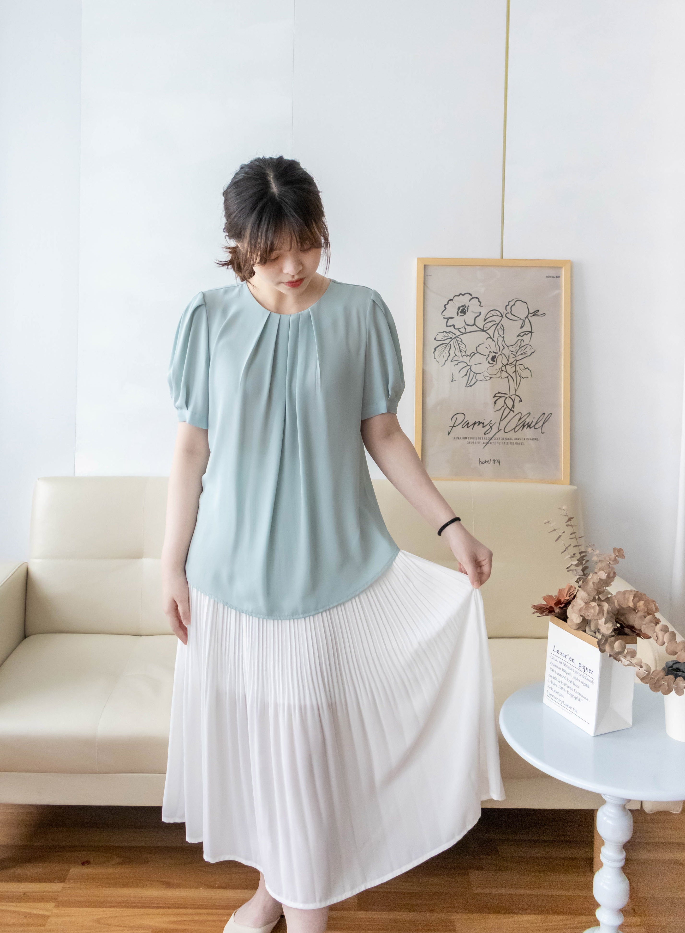 Pearl Collar 後珍珠雪紡領口微摺襯衫, Blouse/ BU8931 (Honeydew sold out)