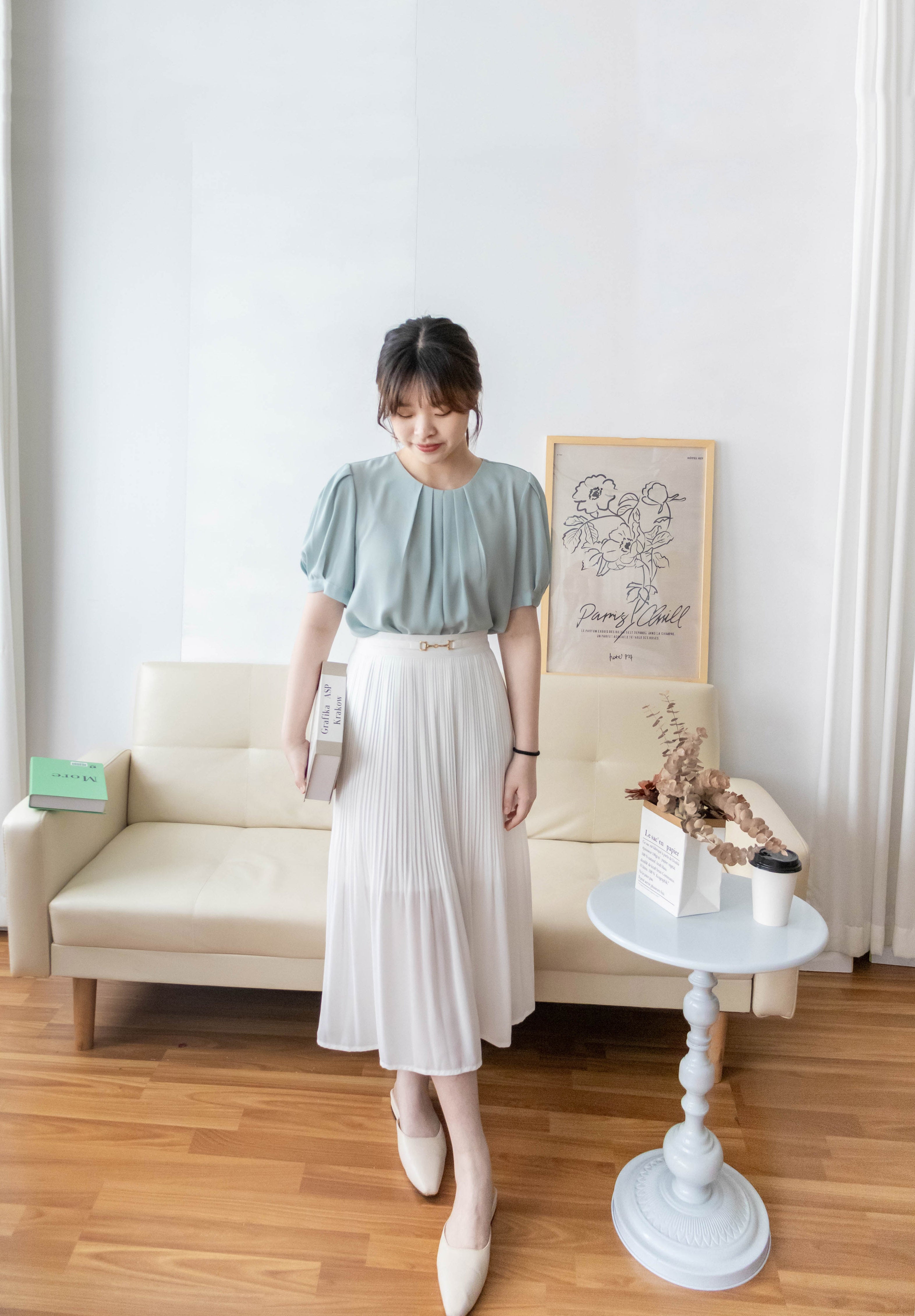 Pearl Collar 後珍珠雪紡領口微摺襯衫, Blouse/ BU8931 (Honeydew sold out)
