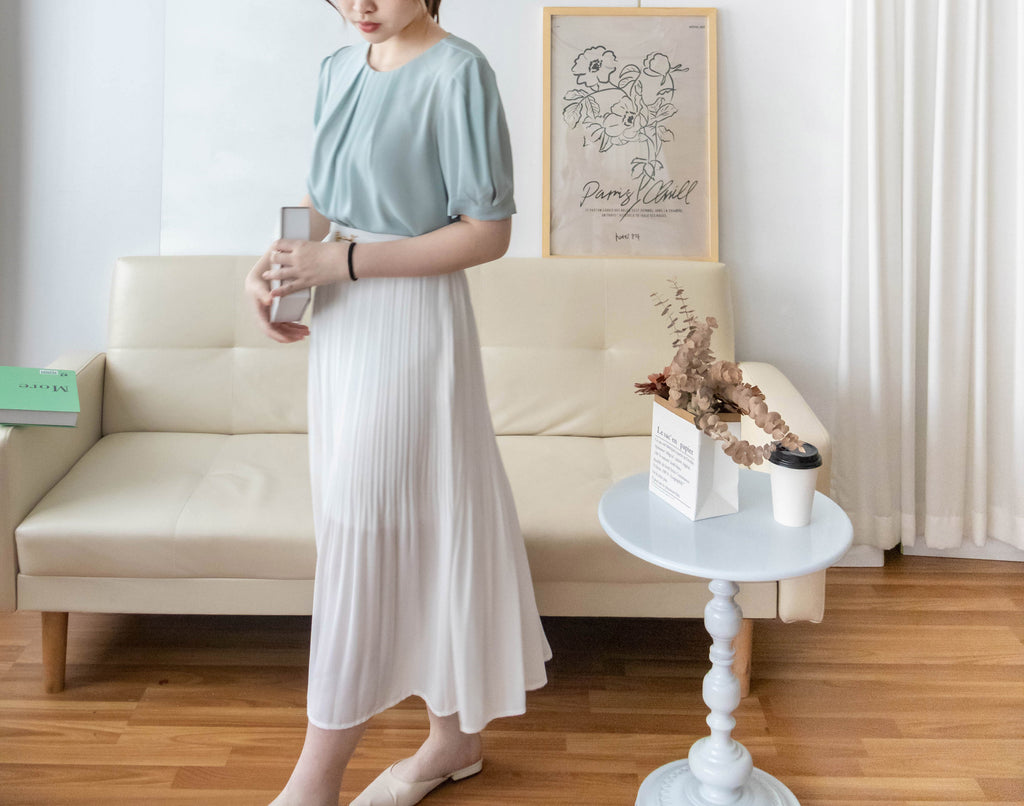 Pearl Collar 後珍珠雪紡領口微摺襯衫, Blouse/ BU8931 (Honeydew sold out)