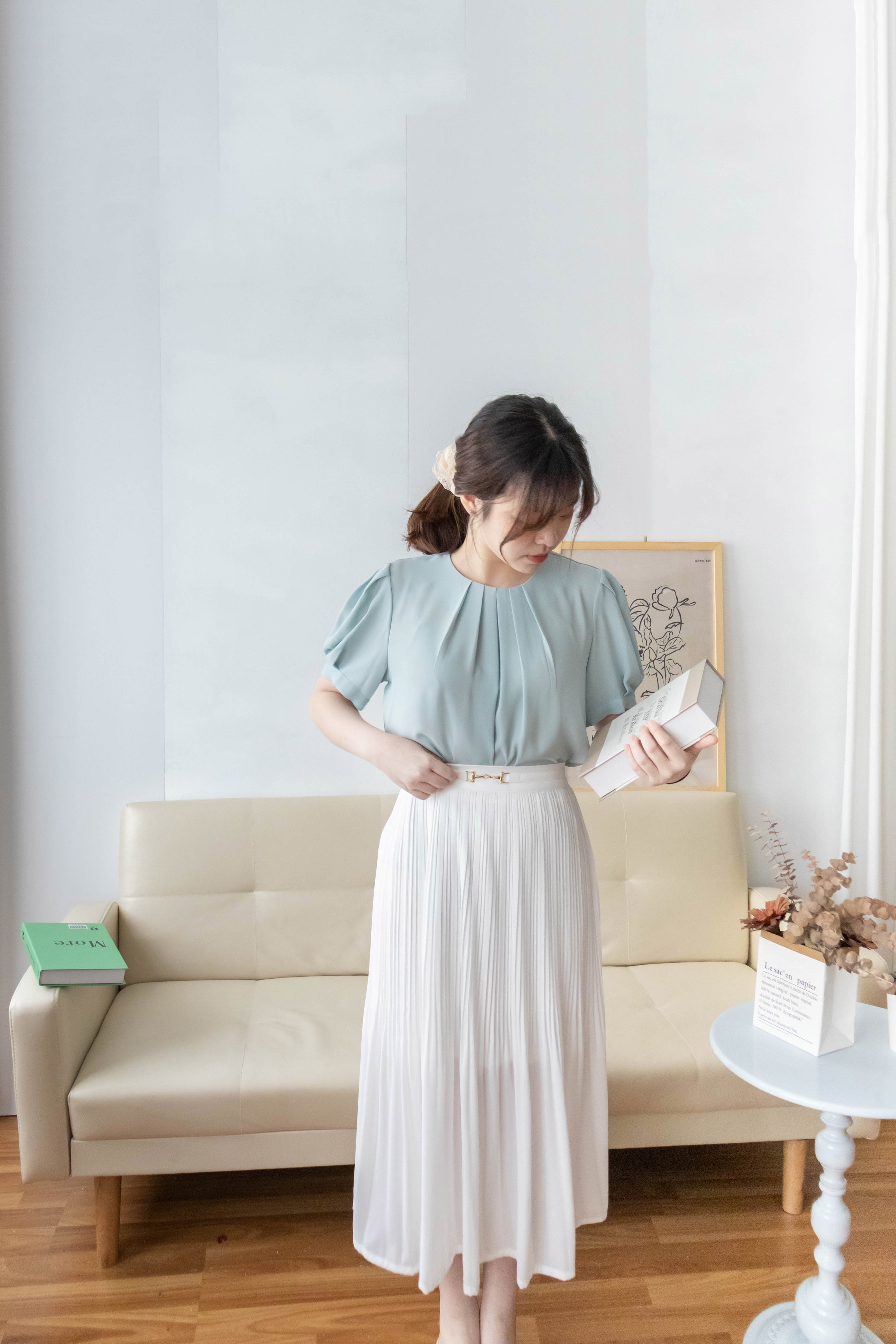 Pearl Collar 後珍珠雪紡領口微摺襯衫, Blouse/ BU8931 (Honeydew sold out)