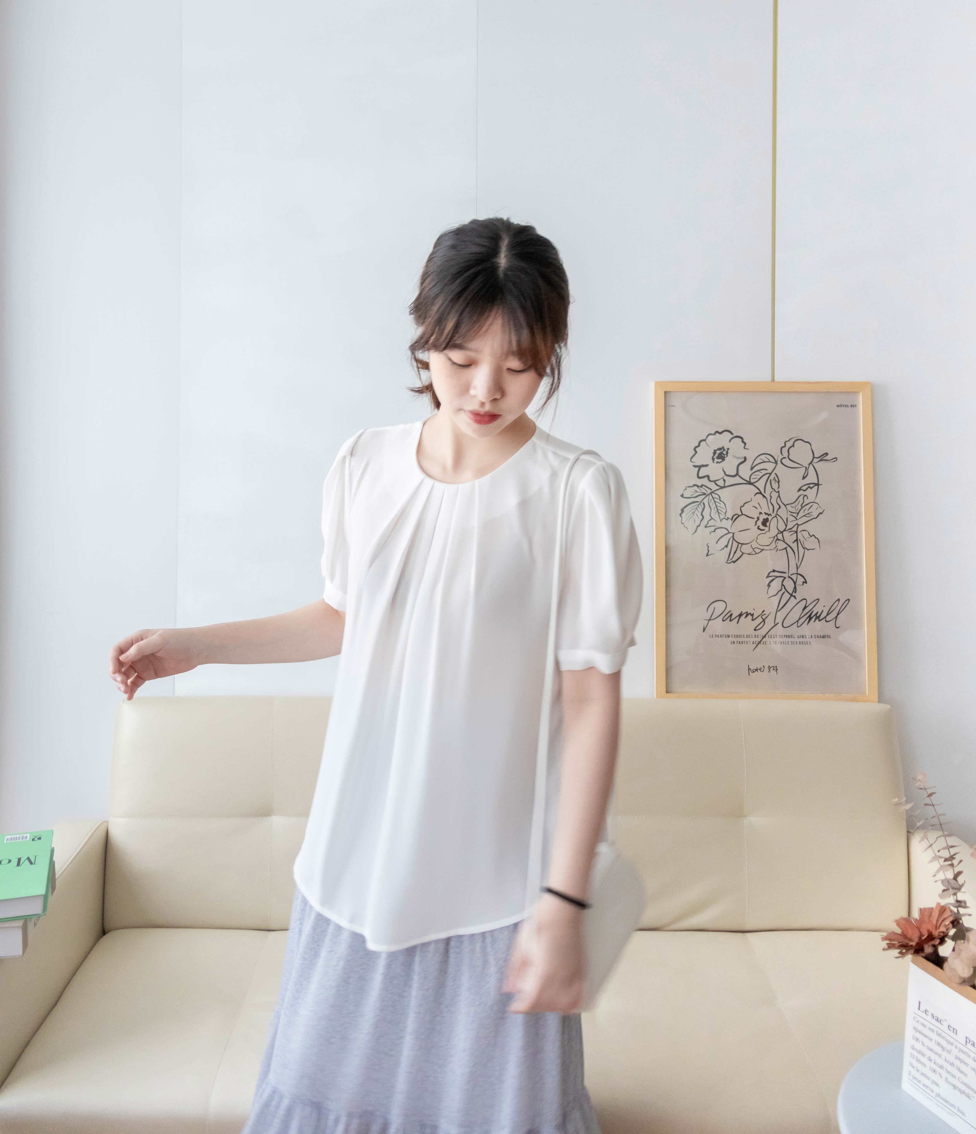 Pearl Collar 後珍珠雪紡領口微摺襯衫, Blouse/ BU8931 (Honeydew sold out)