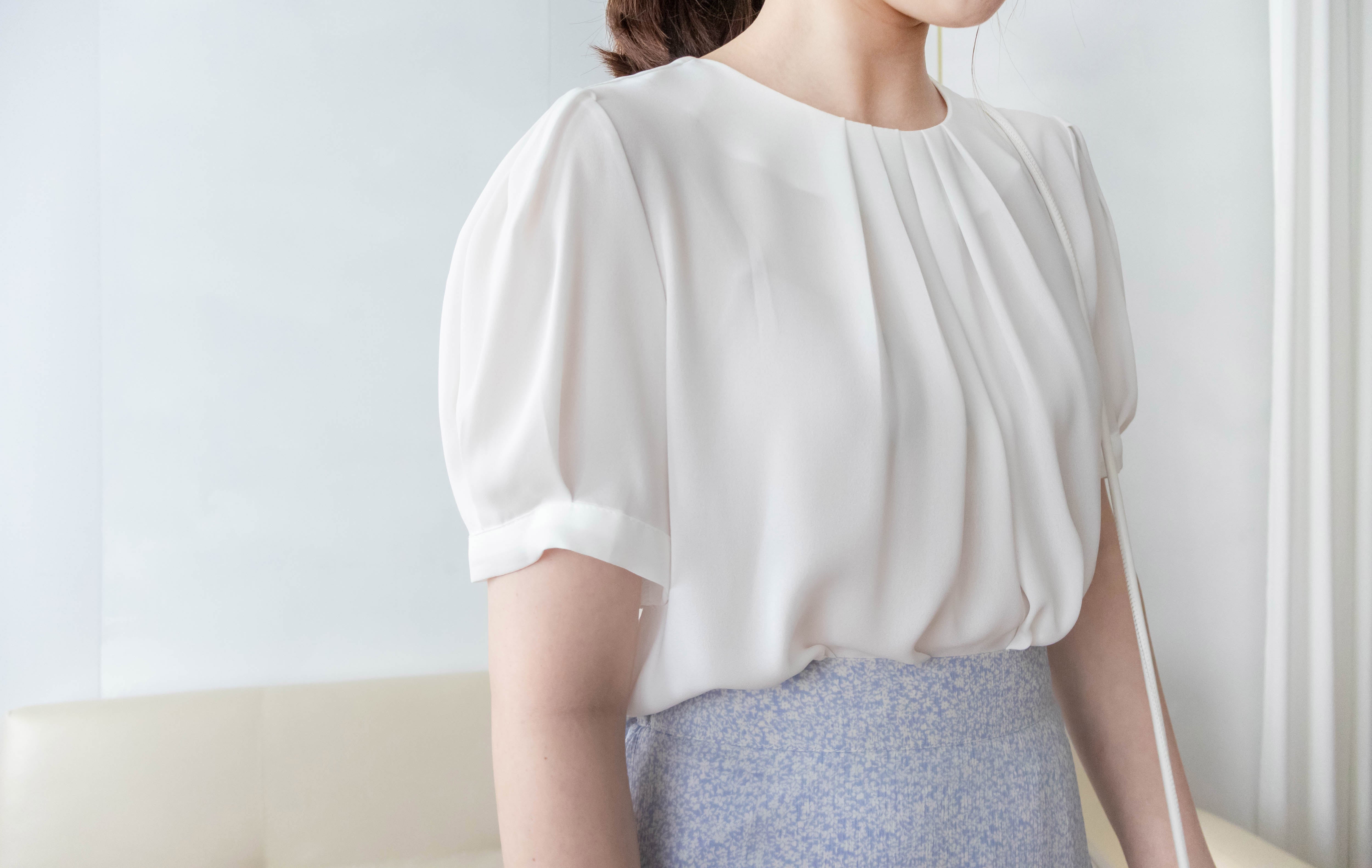 Pearl Collar 後珍珠雪紡領口微摺襯衫, Blouse/ BU8931 (Honeydew sold out)