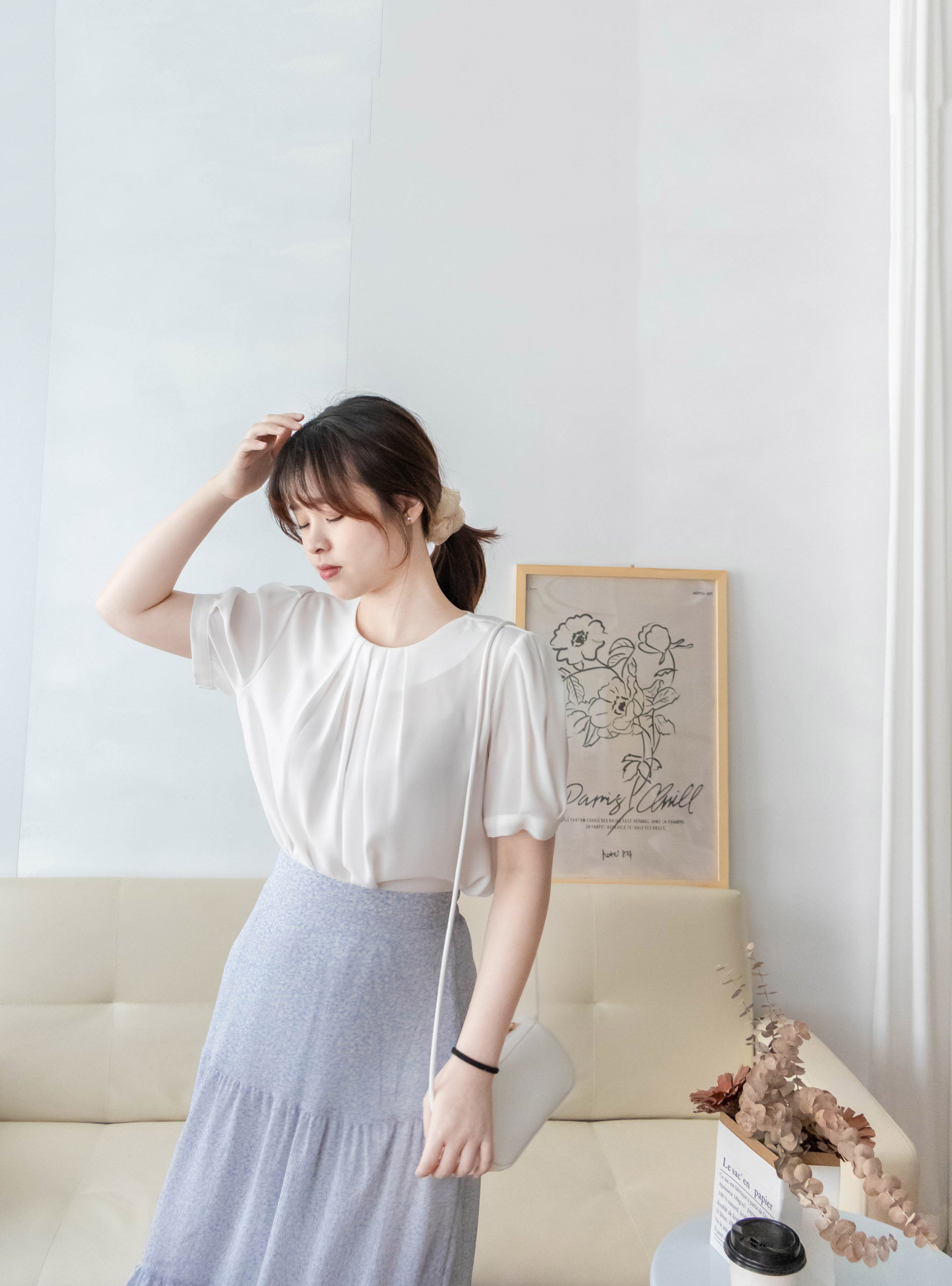 Pearl Collar 後珍珠雪紡領口微摺襯衫, Blouse/ BU8931 (Honeydew sold out)