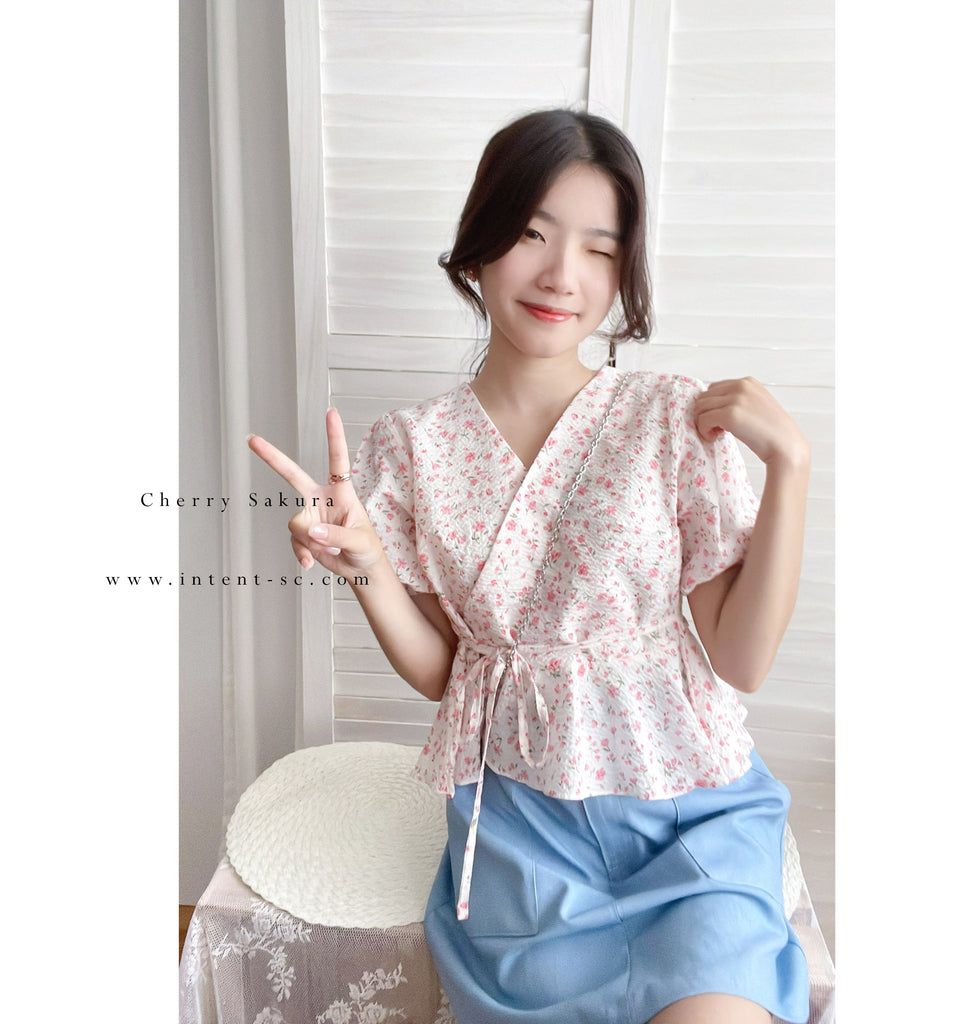 Cherry Sakura 浪漫櫻花點點疊領修腰, Blouse/ BU8958