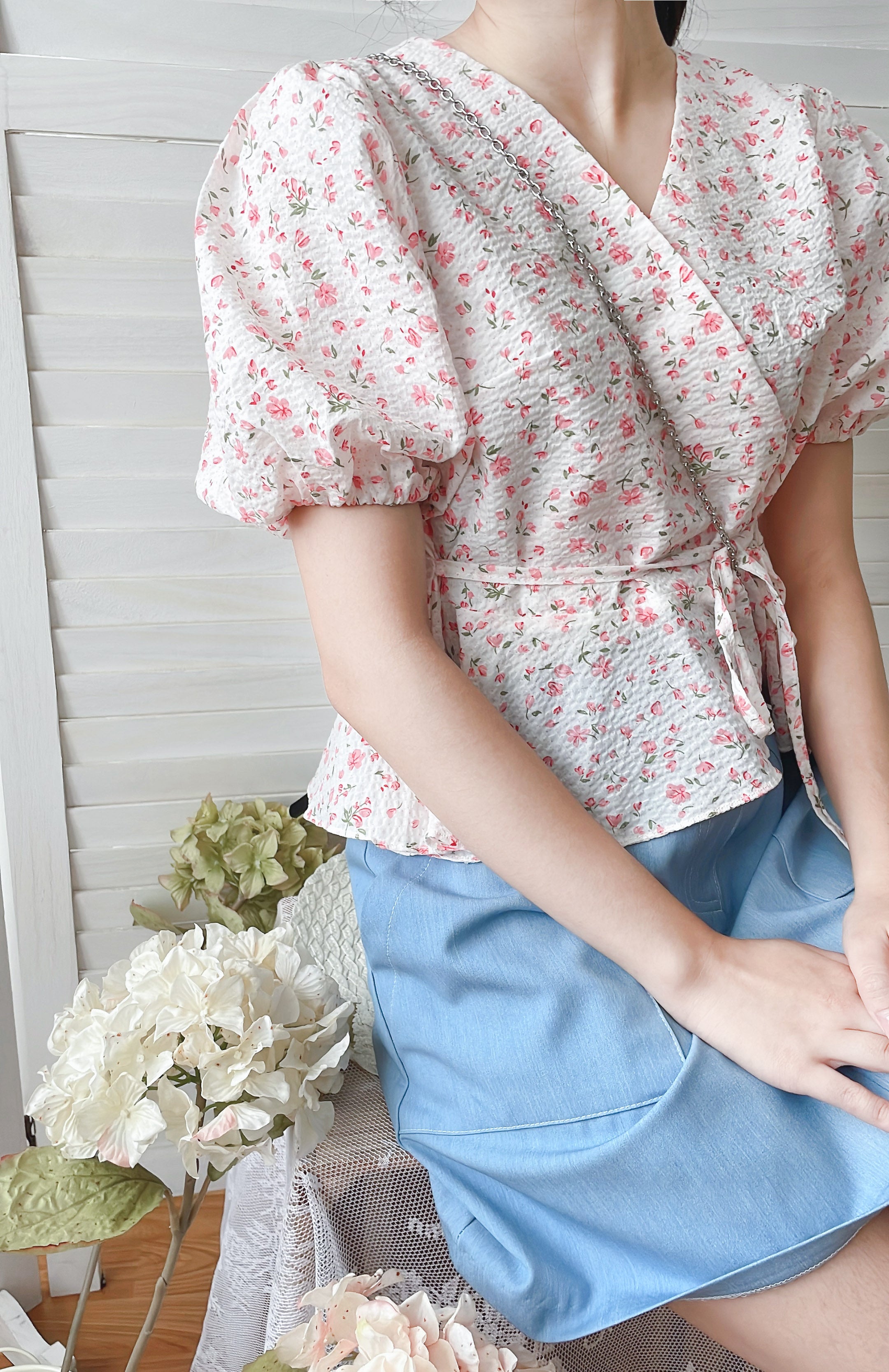 Cherry Sakura 浪漫櫻花點點疊領修腰, Blouse/ BU8958