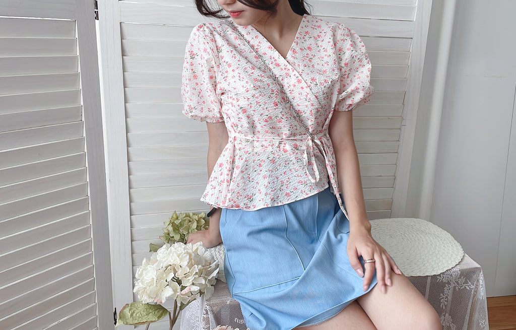 Cherry Sakura 浪漫櫻花點點疊領修腰, Blouse/ BU8958