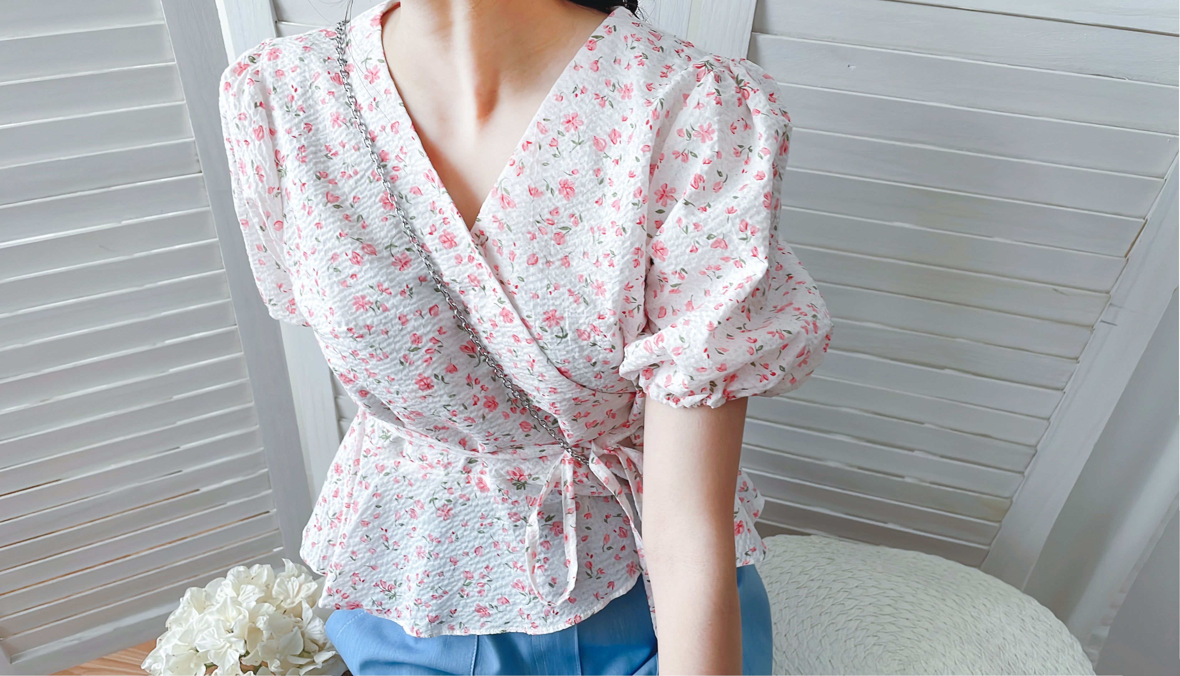 Cherry Sakura 浪漫櫻花點點疊領修腰, Blouse/ BU8958