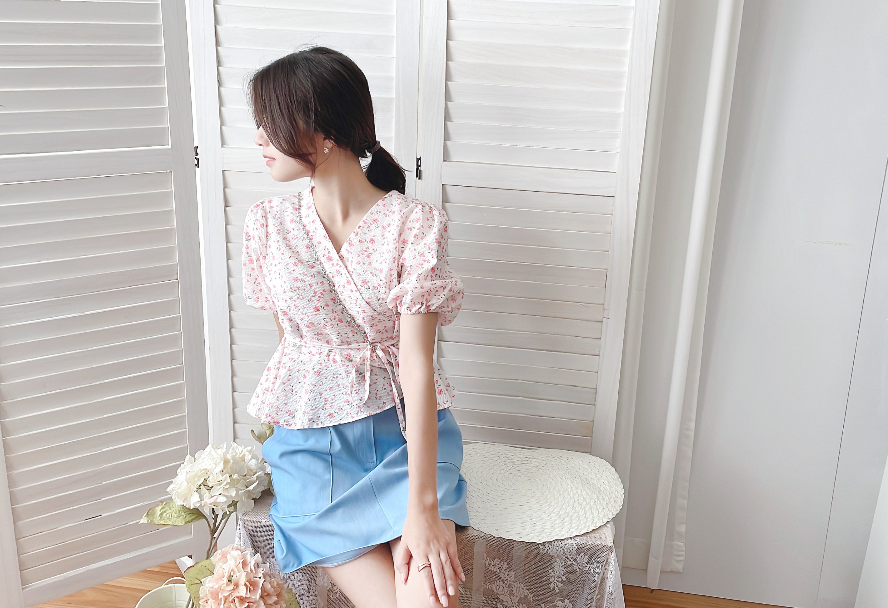 Cherry Sakura 浪漫櫻花點點疊領修腰, Blouse/ BU8958