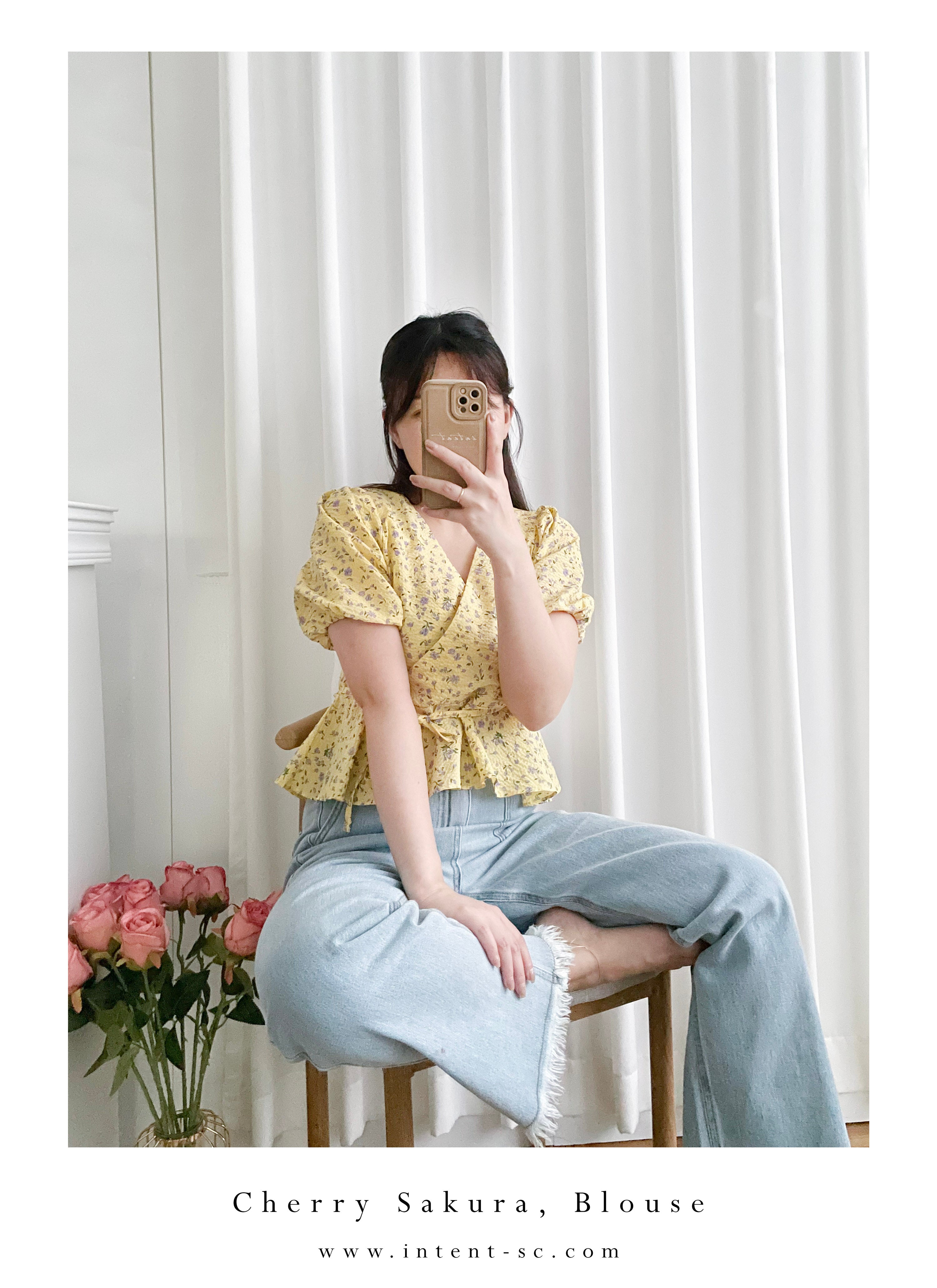 Cherry Sakura 浪漫櫻花點點疊領修腰, Blouse/ BU8958