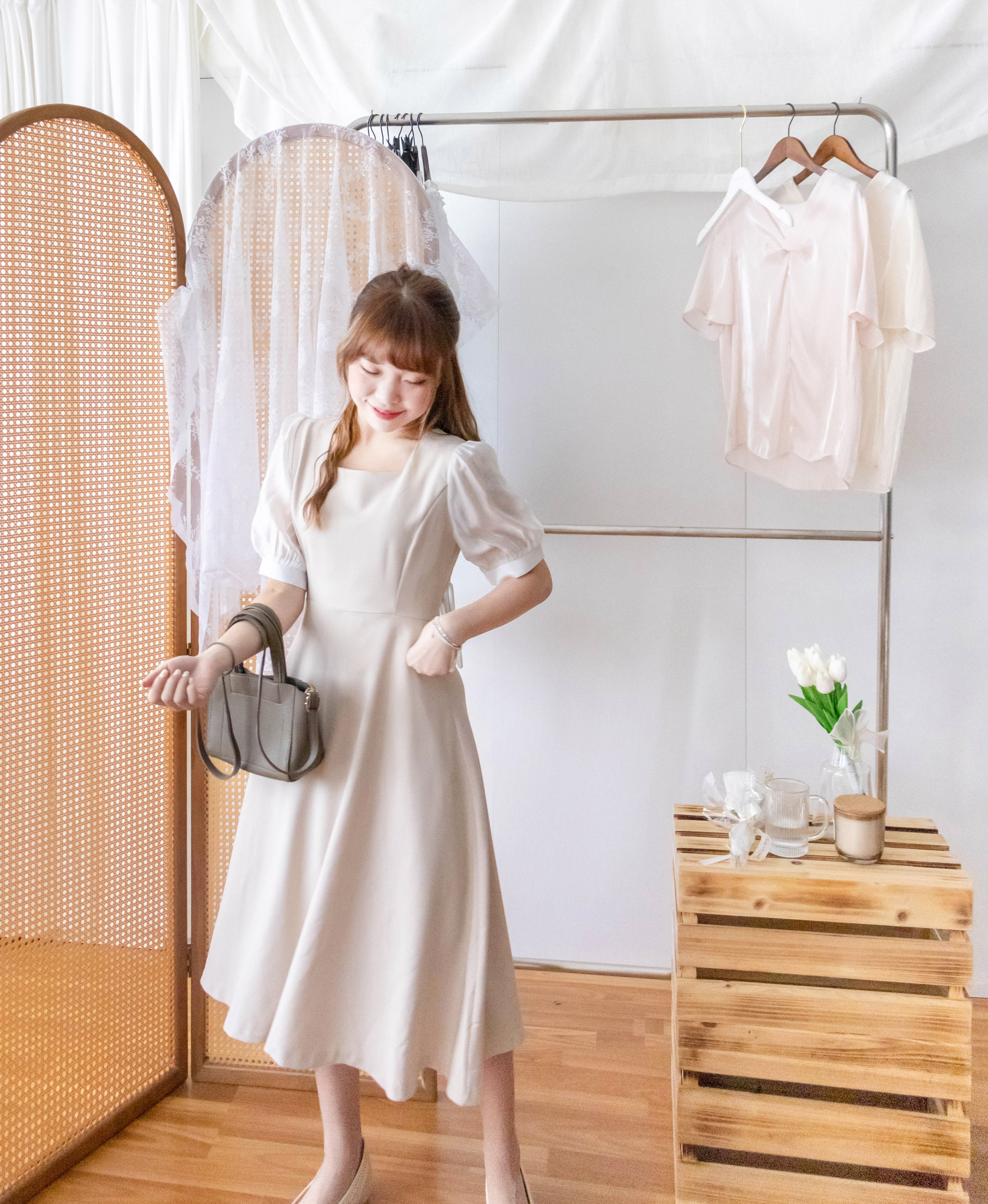 Beige Chiffon 色澤雪紡袖口微彈杏色修腰連身裙, Dress/ DS9273