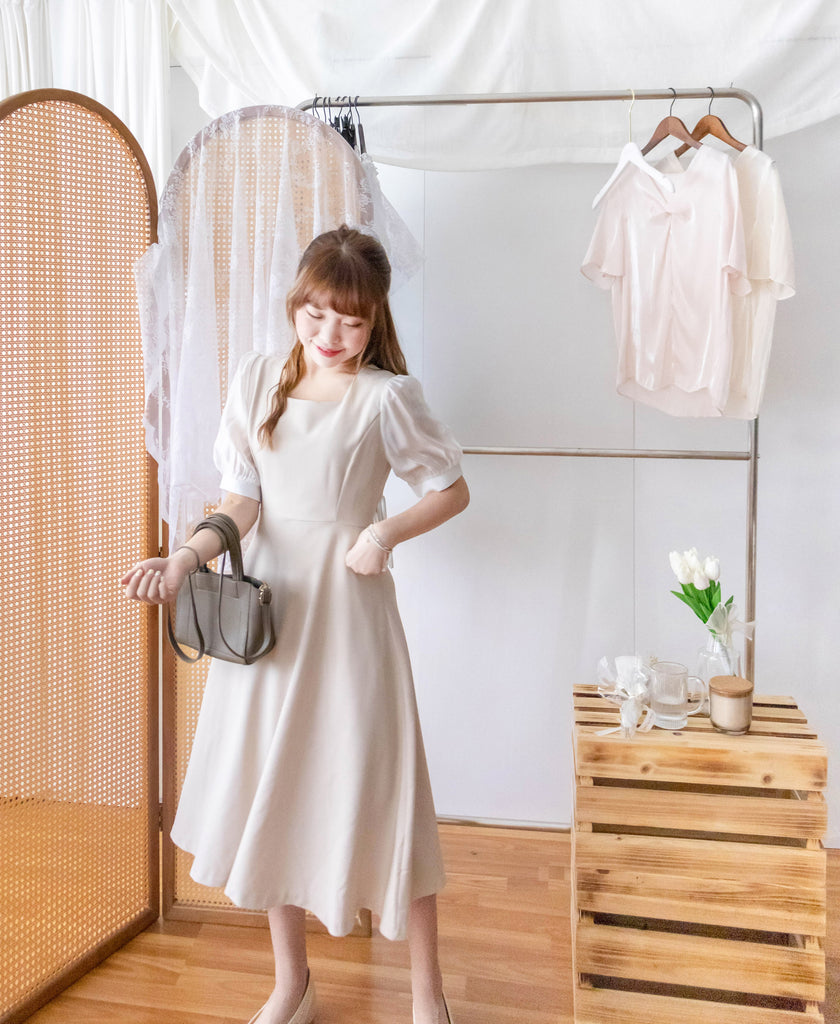 Beige Chiffon 色澤雪紡袖口微彈杏色修腰連身裙, Dress/ DS9273