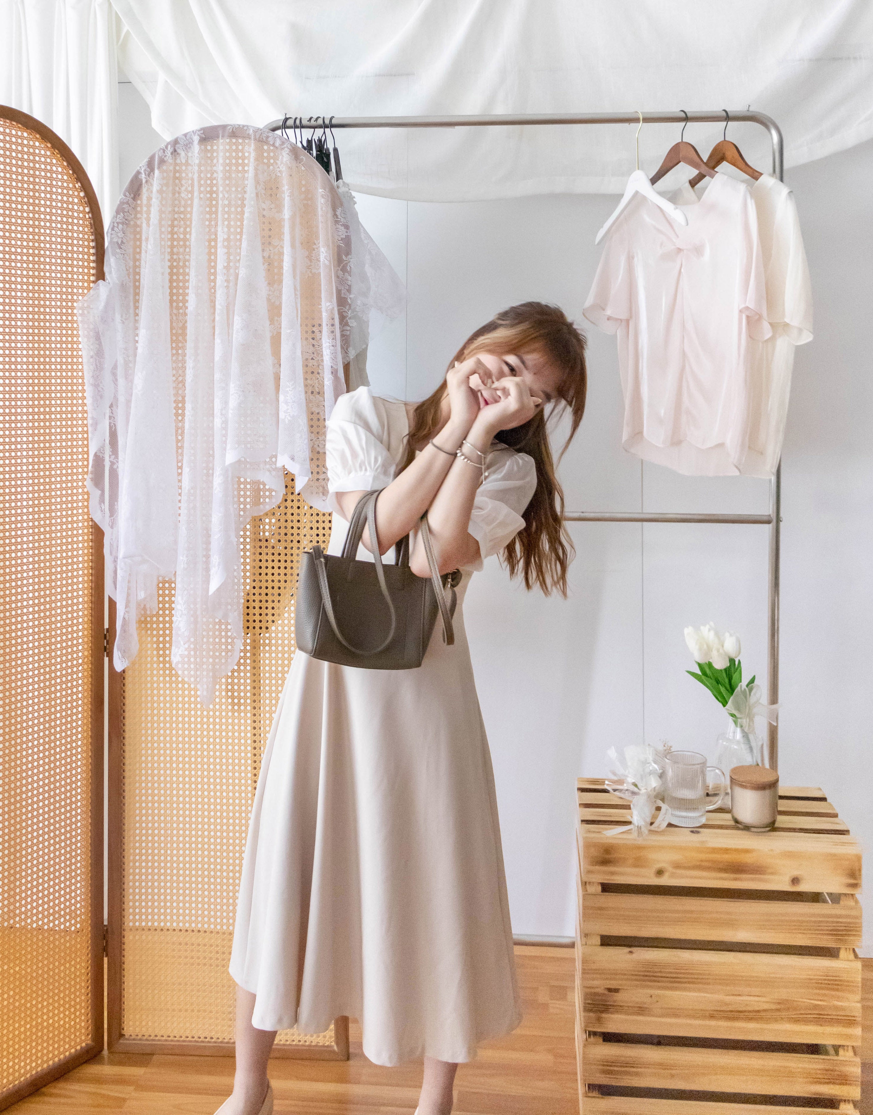 Beige Chiffon 色澤雪紡袖口微彈杏色修腰連身裙, Dress/ DS9273