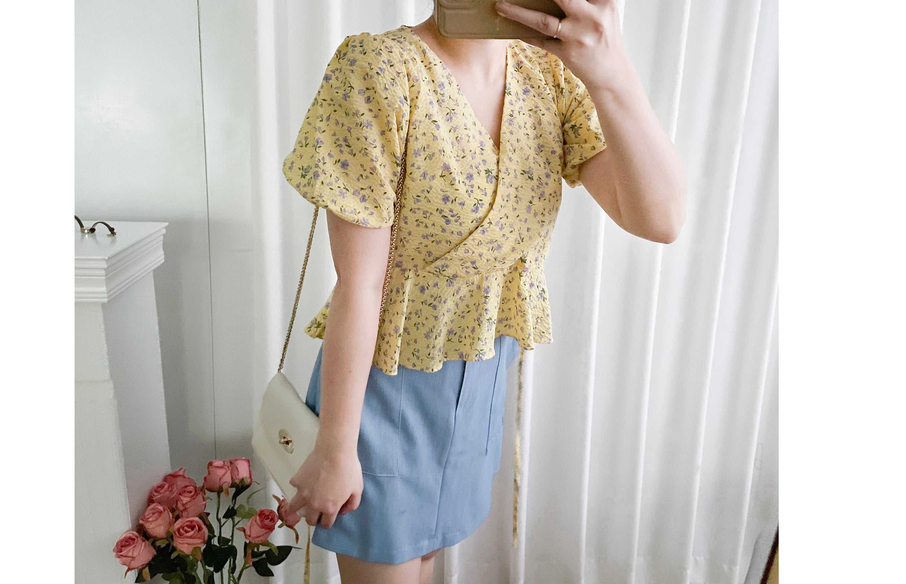 Cherry Sakura 浪漫櫻花點點疊領修腰, Blouse/ BU8958