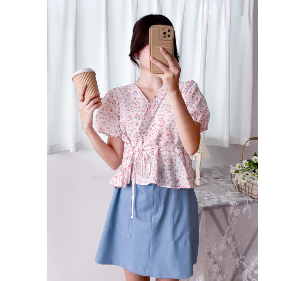 Cherry Sakura 浪漫櫻花點點疊領修腰, Blouse/ BU8958