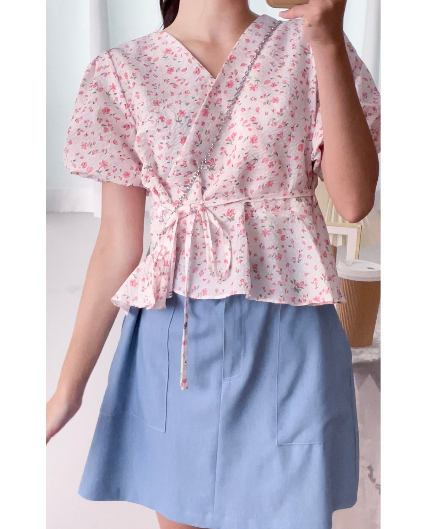 Cherry Sakura 浪漫櫻花點點疊領修腰, Blouse/ BU8958