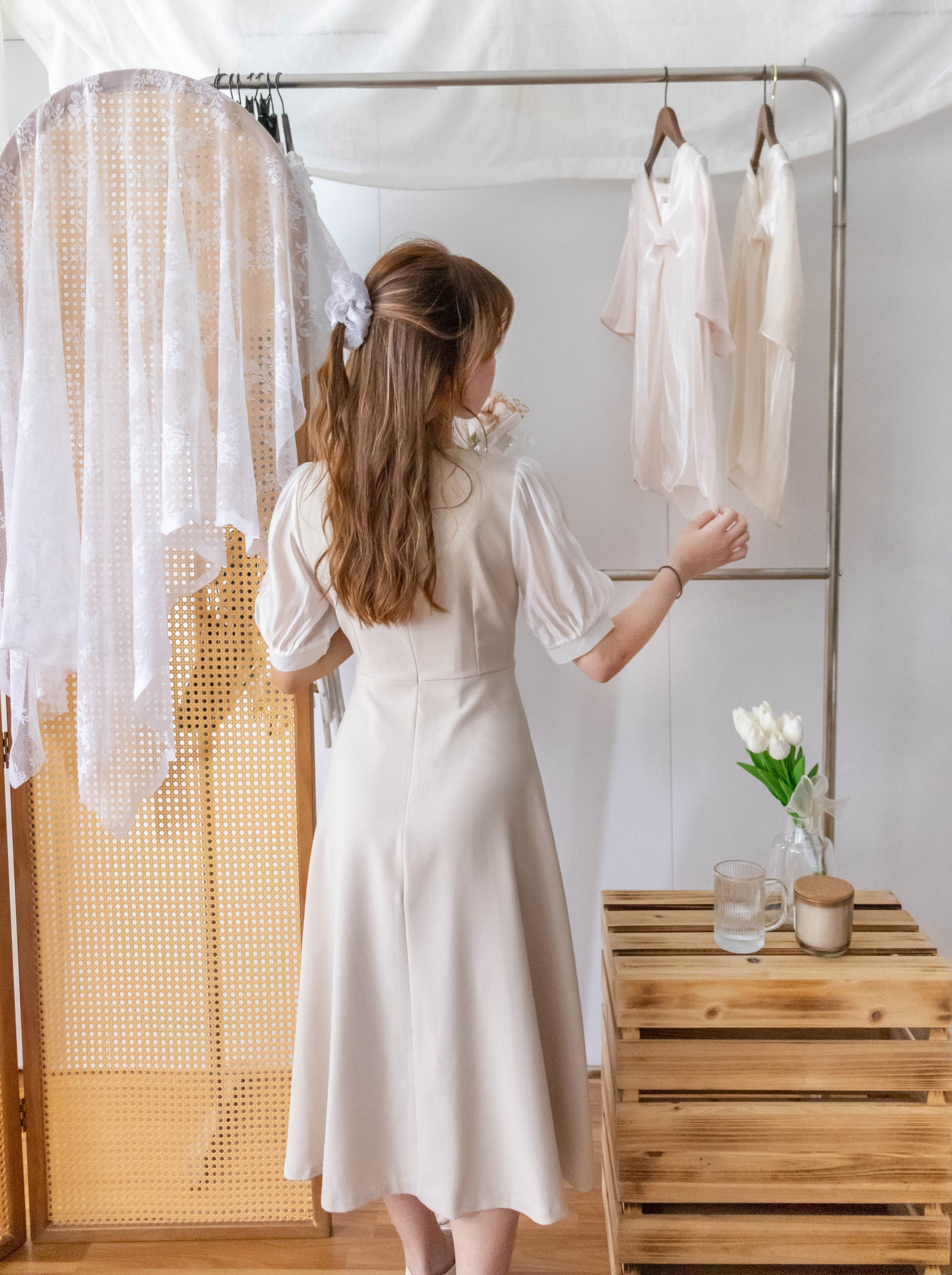 Beige Chiffon 色澤雪紡袖口微彈杏色修腰連身裙, Dress/ DS9273