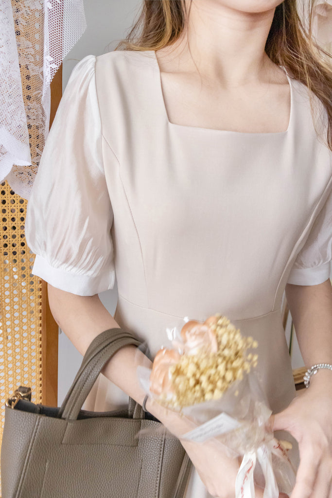 Beige Chiffon 色澤雪紡袖口微彈杏色修腰連身裙, Dress/ DS9273