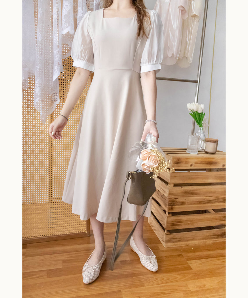 Beige Chiffon 色澤雪紡袖口微彈杏色修腰連身裙, Dress/ DS9273