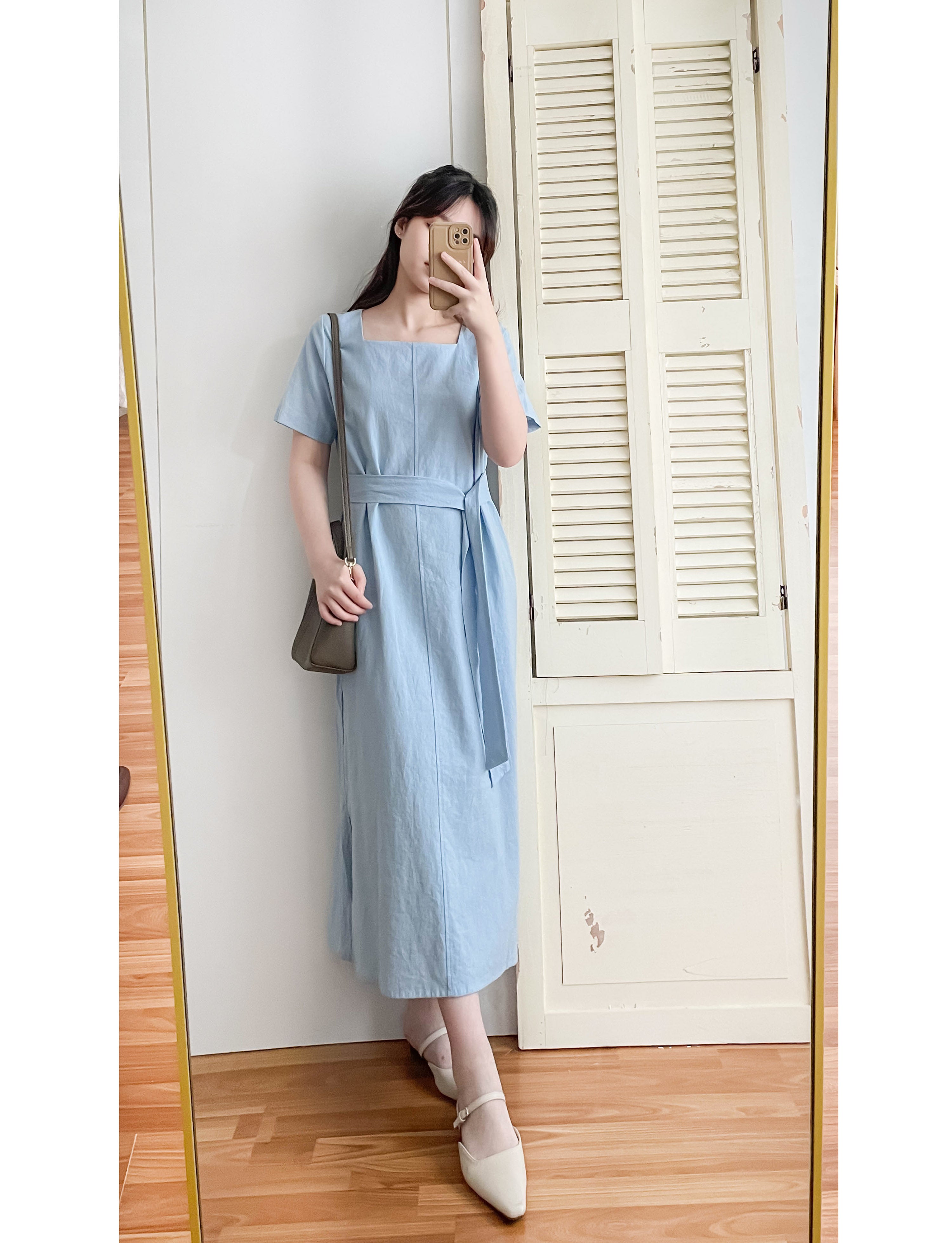 Babyblue 優雅方領直身兩戴腰帶開叉長裙, Dress/ DS9305