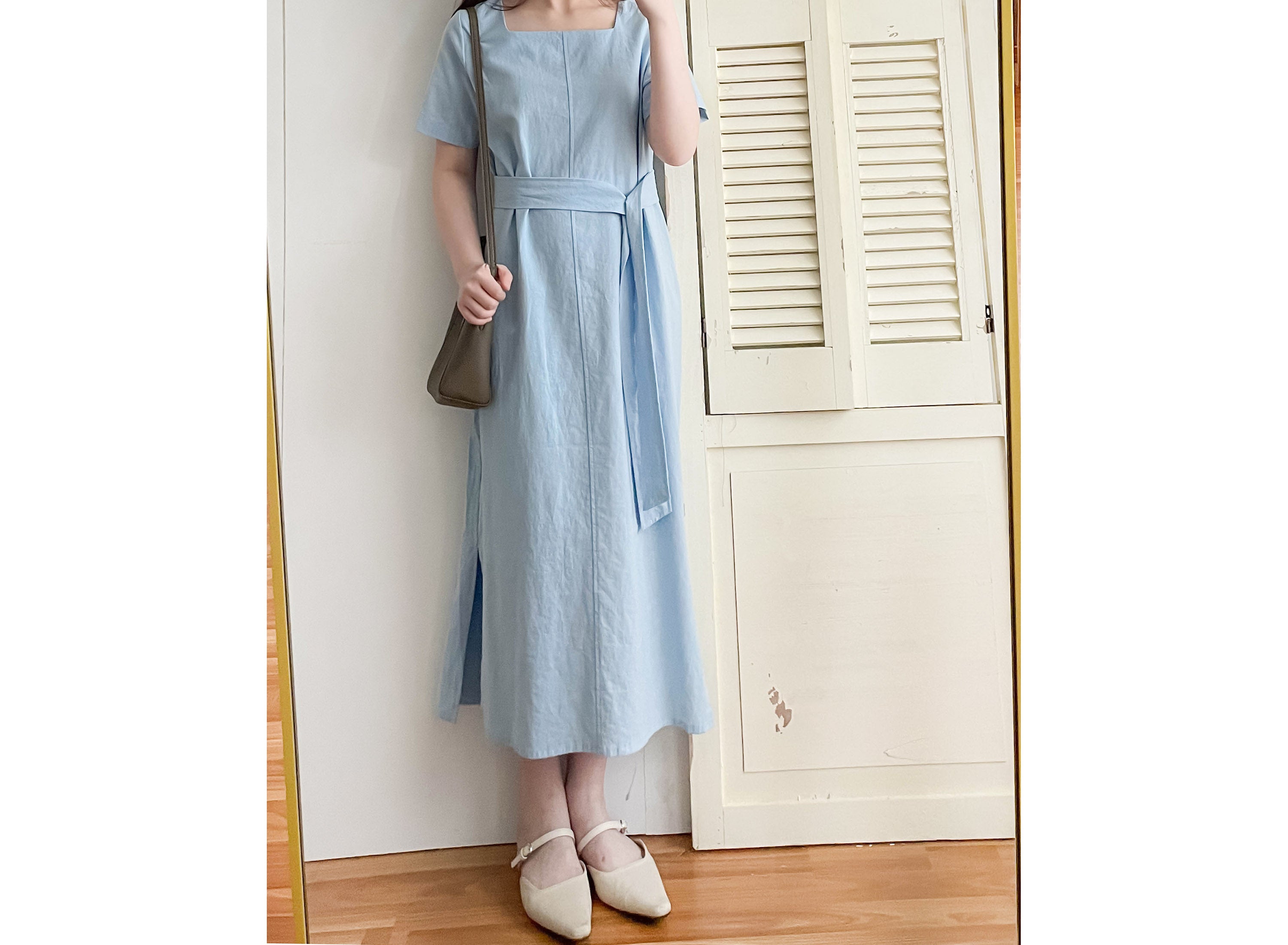 Babyblue 優雅方領直身兩戴腰帶開叉長裙, Dress/ DS9305