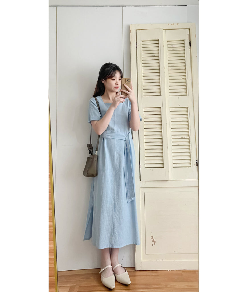 Babyblue 優雅方領直身兩戴腰帶開叉長裙, Dress/ DS9305