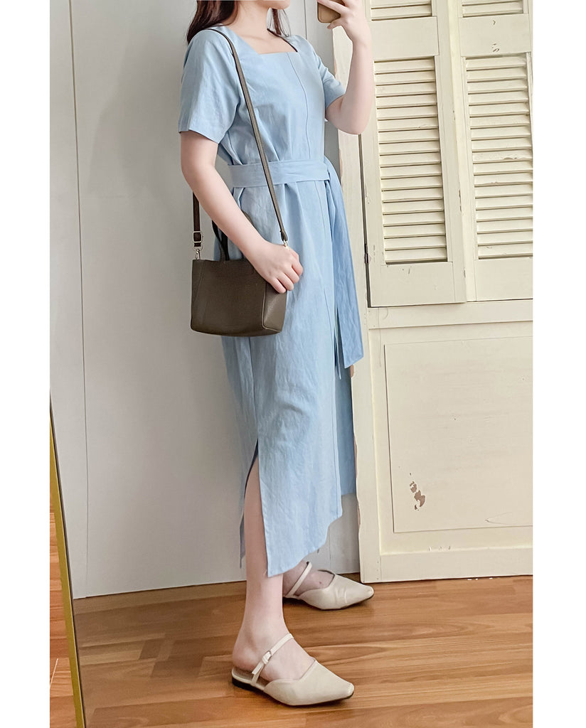 Babyblue 優雅方領直身兩戴腰帶開叉長裙, Dress/ DS9305