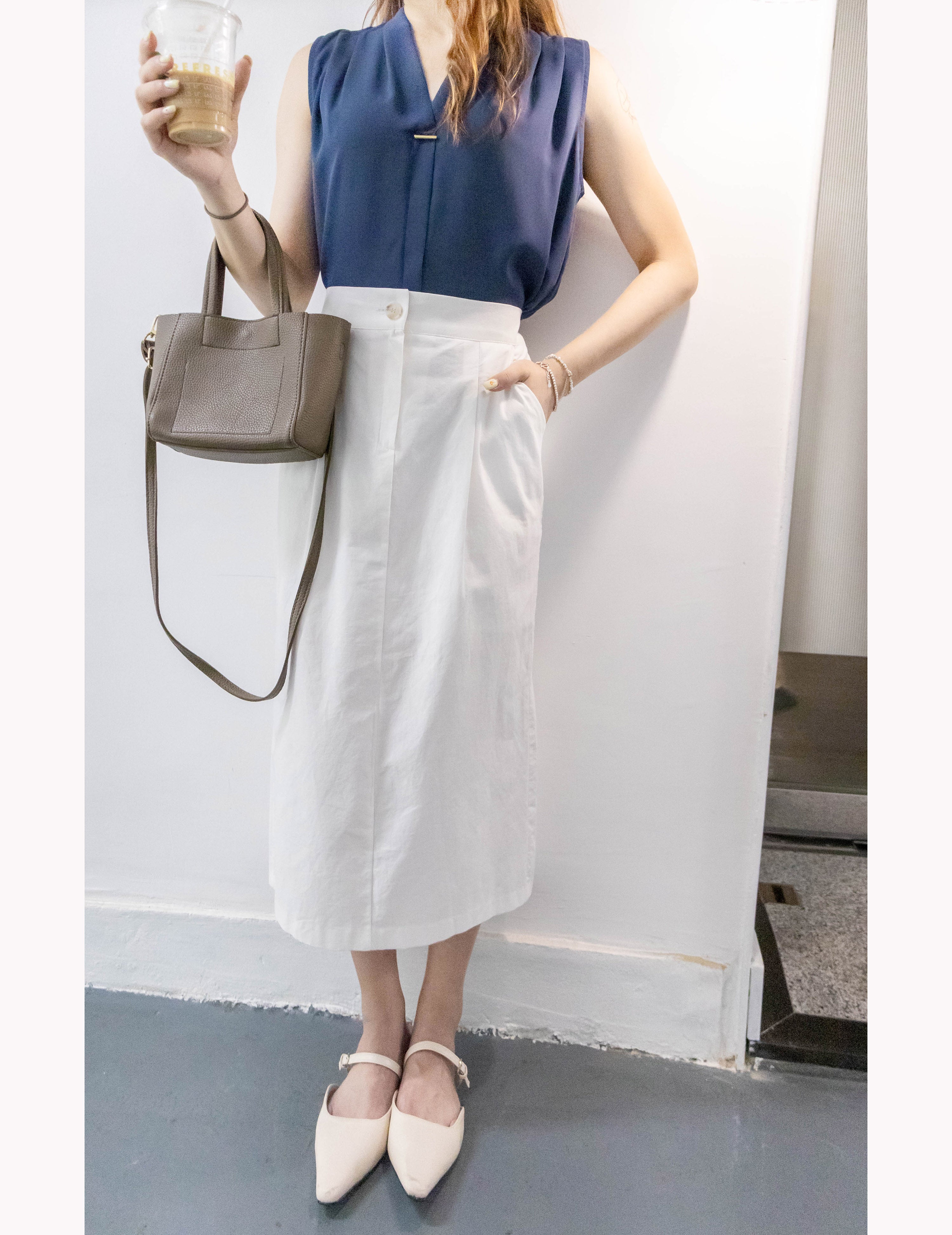 Wide Straight 不貼直身腰間車褶裙尾後開叉, Skirt/ SK8718